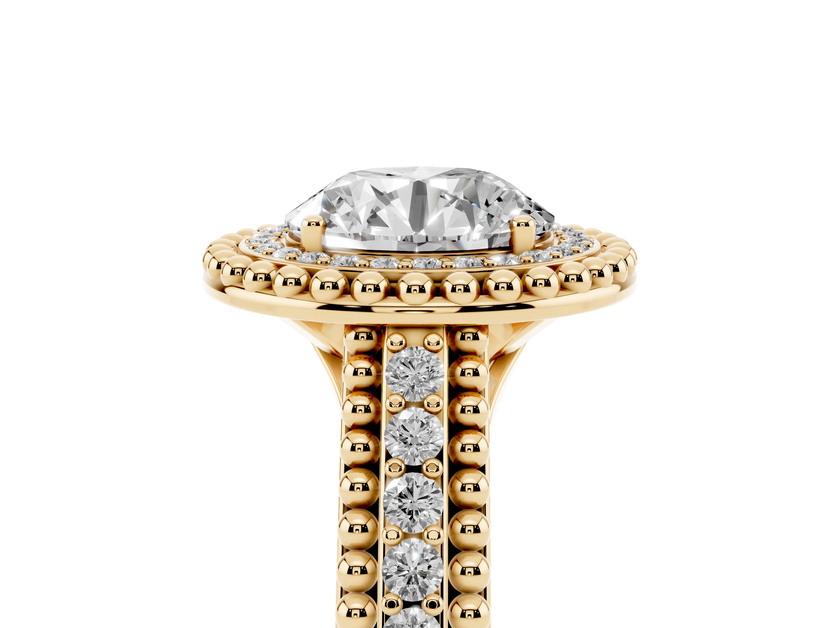 Round Cut Diamond Halo Ring Set in Yellow gold with Beaded Split Shank and Prong Setting