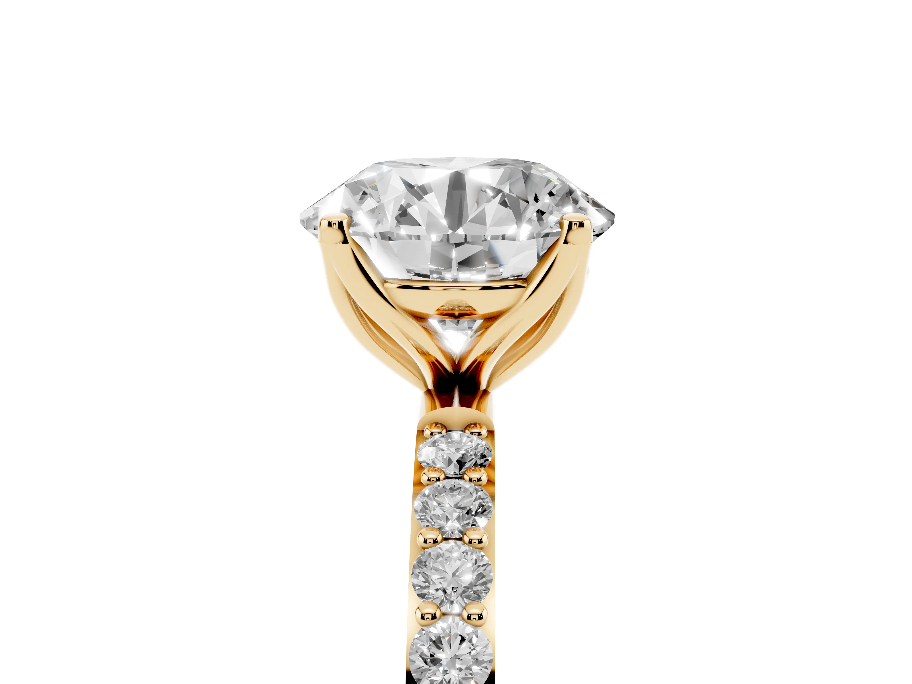 Round Cut Diamond Solitaire Engagement Ring Set in Yellow gold with Round Pavé Band and Prong Setting