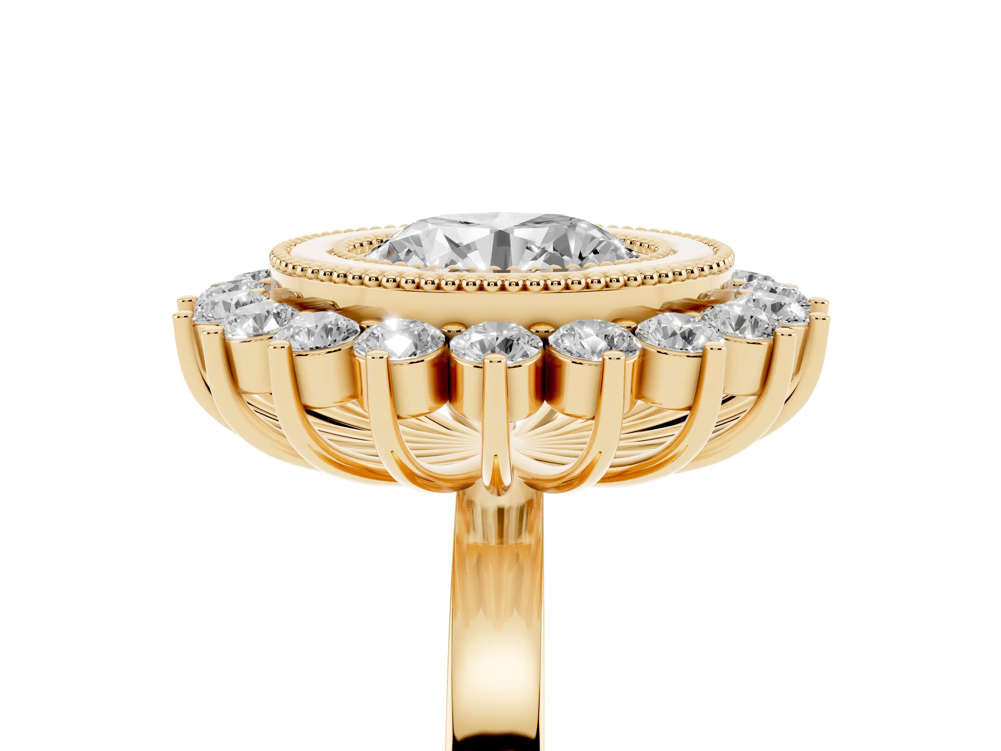 Round Cut Diamond Halo Ring Set in Yellow gold with Milgrain Edge and Round Prong Setting