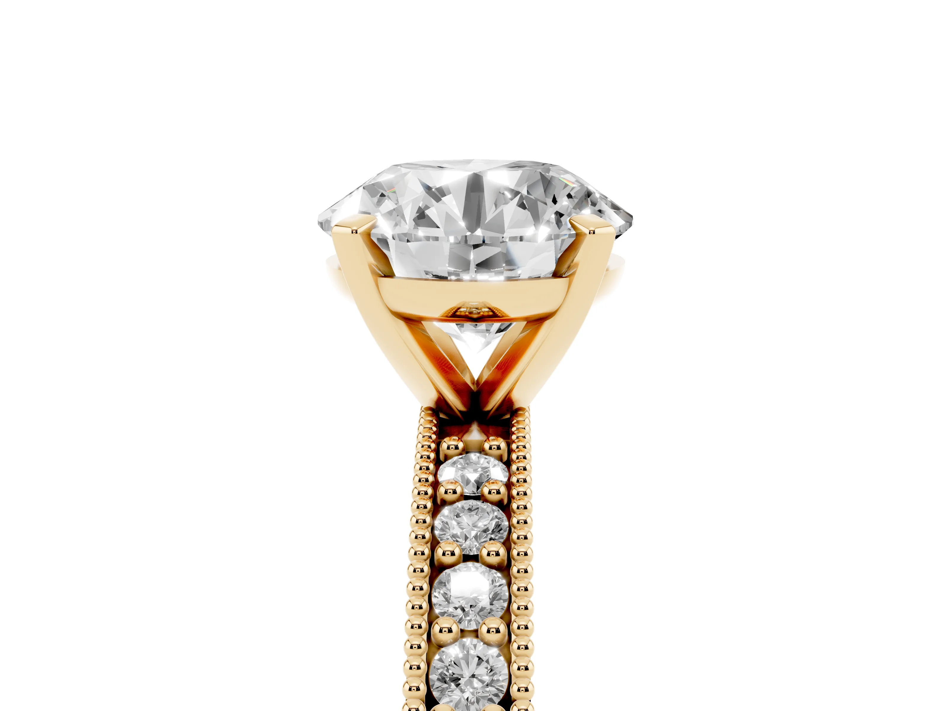 Round Cut Diamond Milgrain Pavé Engagement Ring Set in Yellow gold with Prong Setting