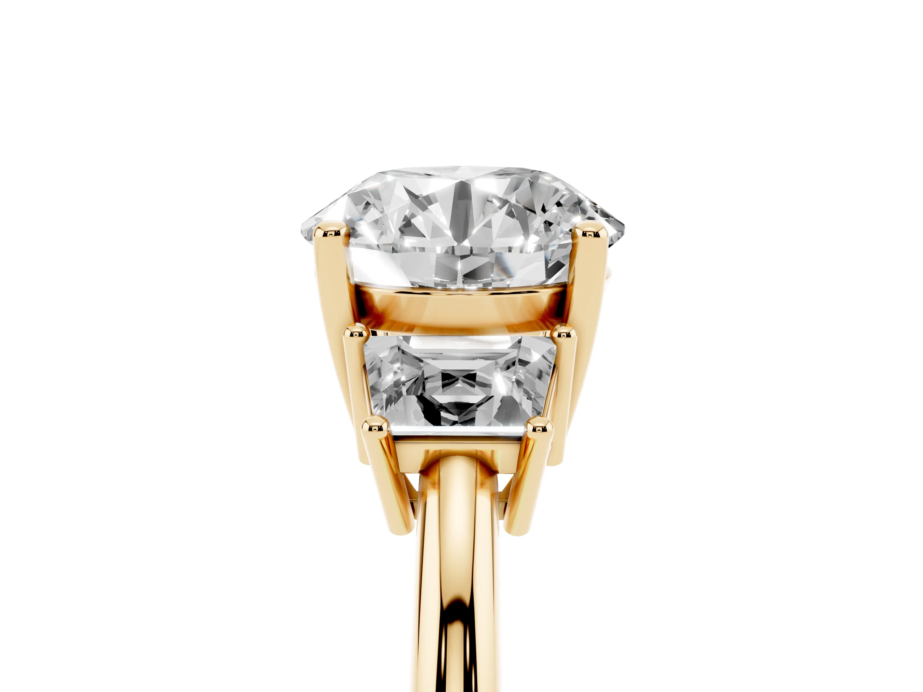 Round Cut Diamond Three-Stone Ring Set in Yellow gold with Trapezoid Side Stones and Prong Setting