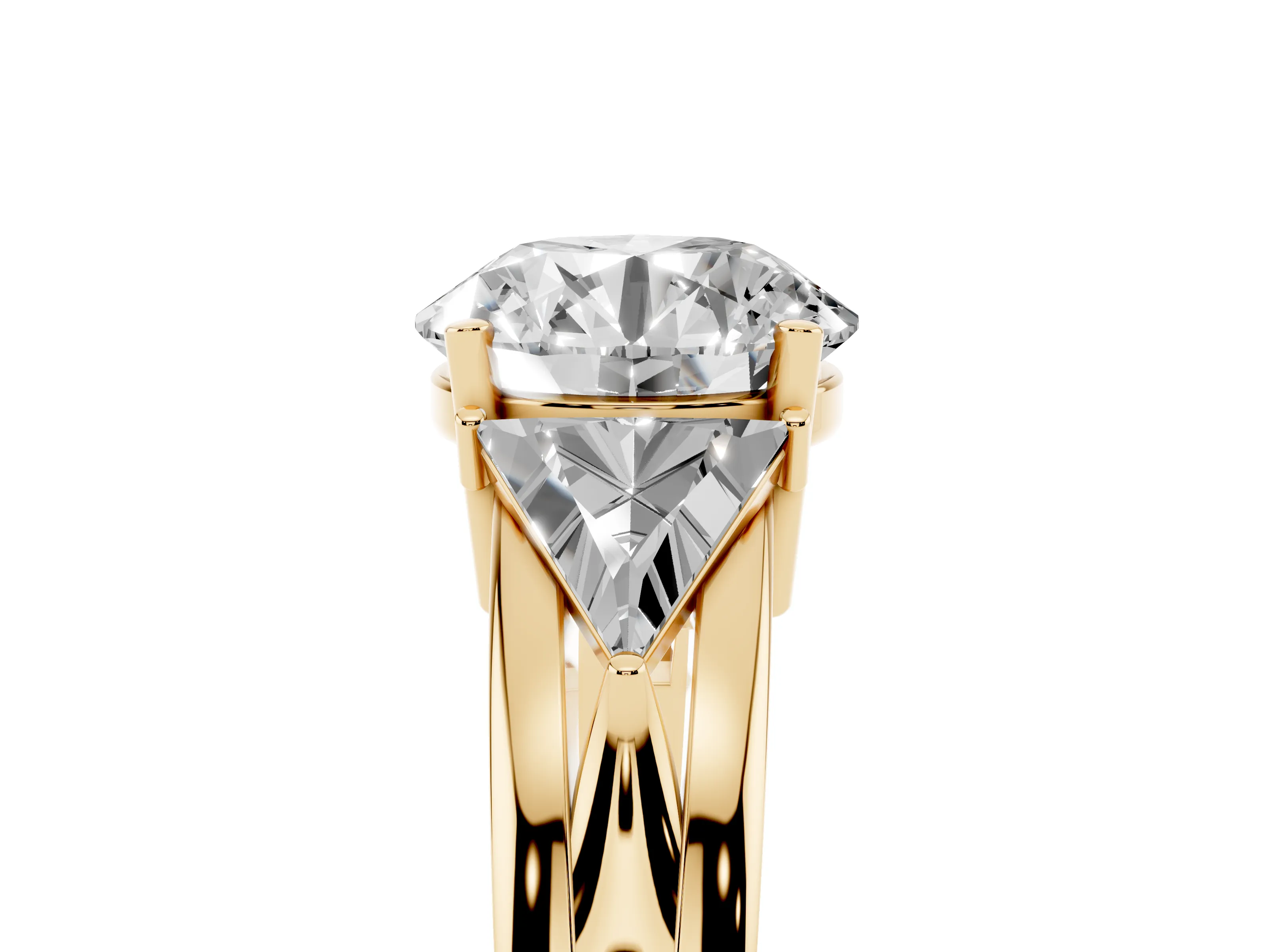 Round Cut Diamond Three-Stone Ring Set in Yellow gold with Trillion Side Stones and Split Shank