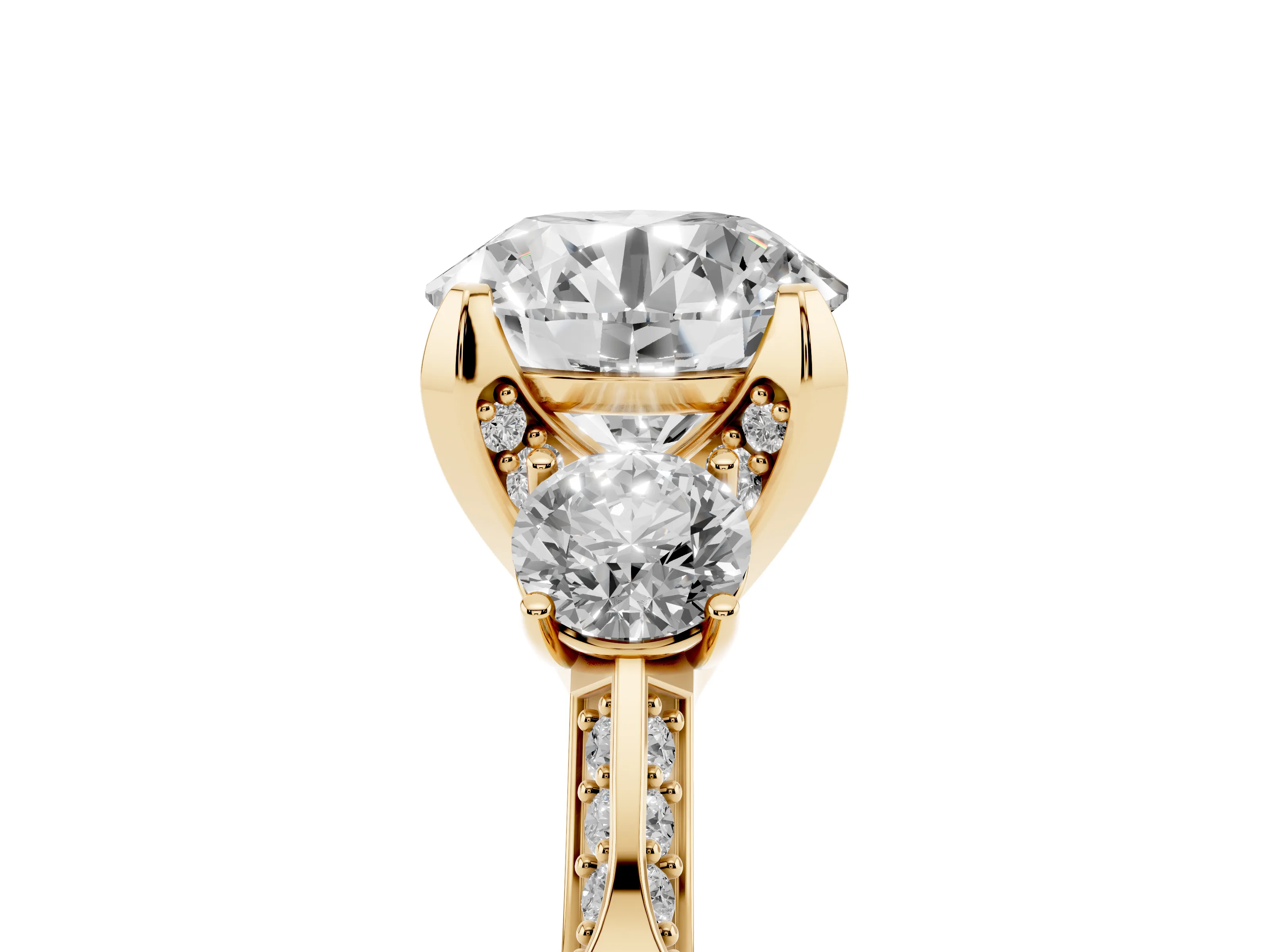 Round Cut Diamond Three-Stone Ring Set in Yellow gold with Pavé Band and Smaller Side Stones