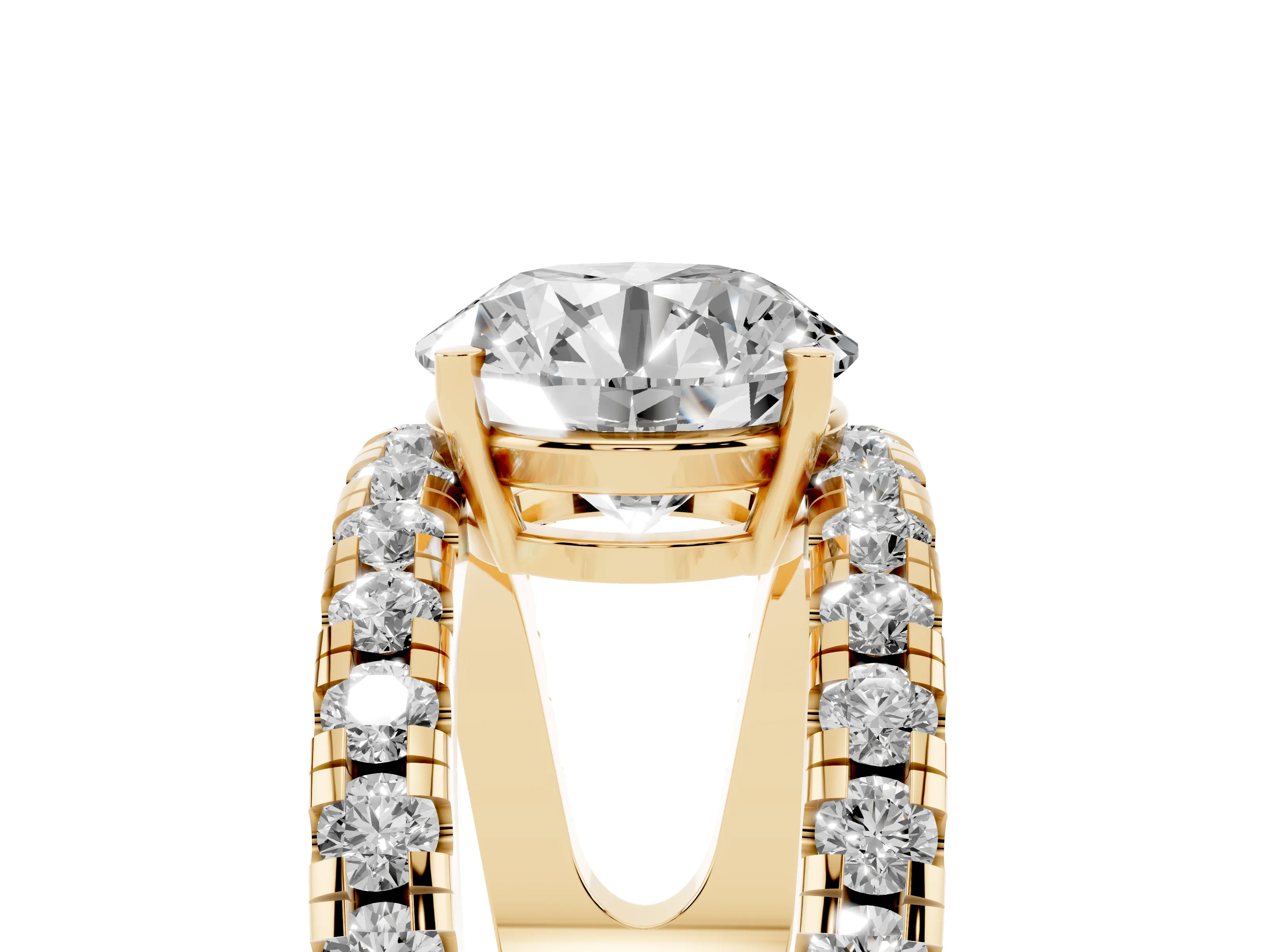 Round Cut Diamond Split Shank Pavé Solitaire Ring Set in Yellow gold with Open Shank Design