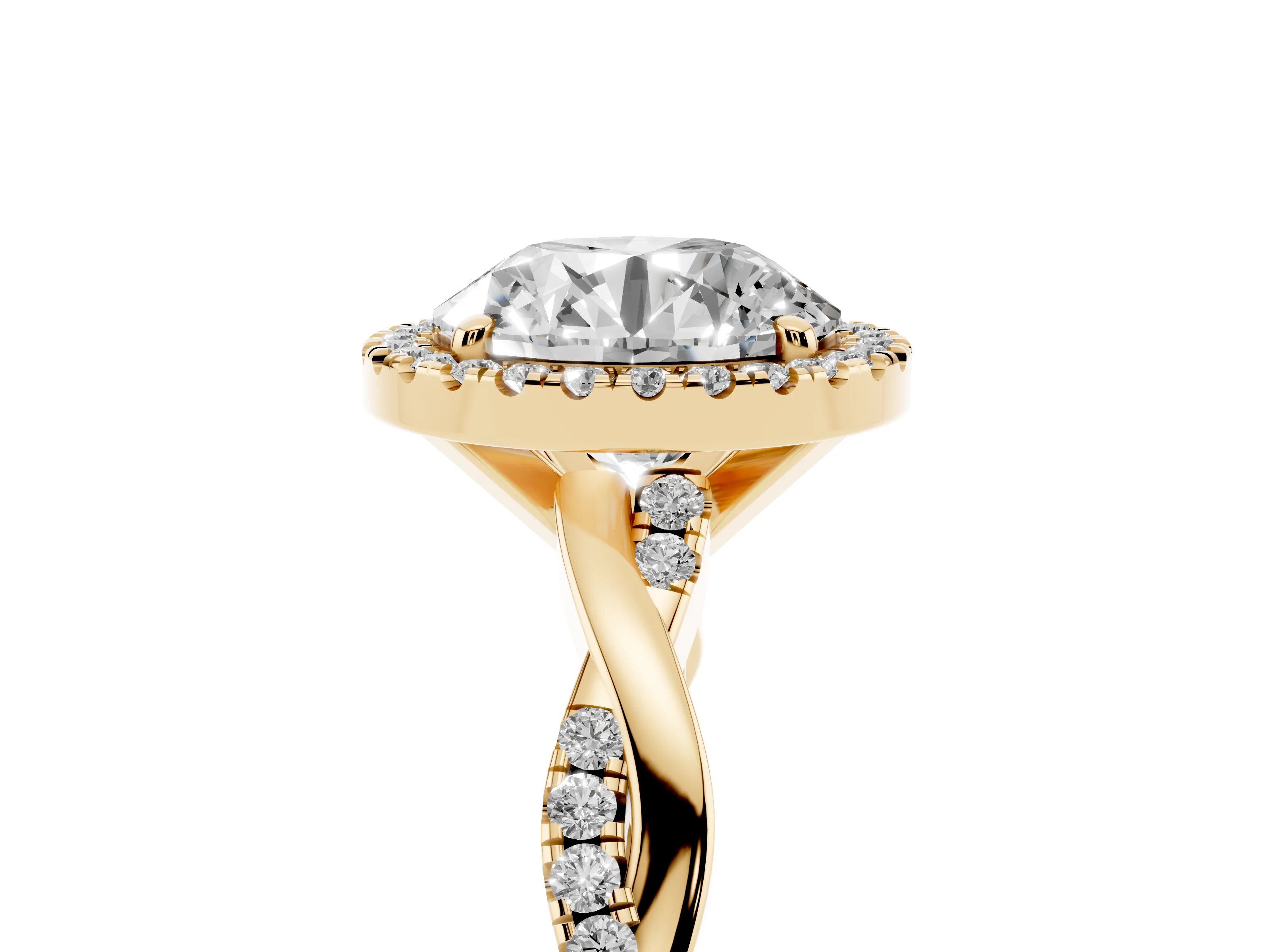 Round Cut Diamond Halo Twisted Band Ring Set in Yellow gold with Prong Setting