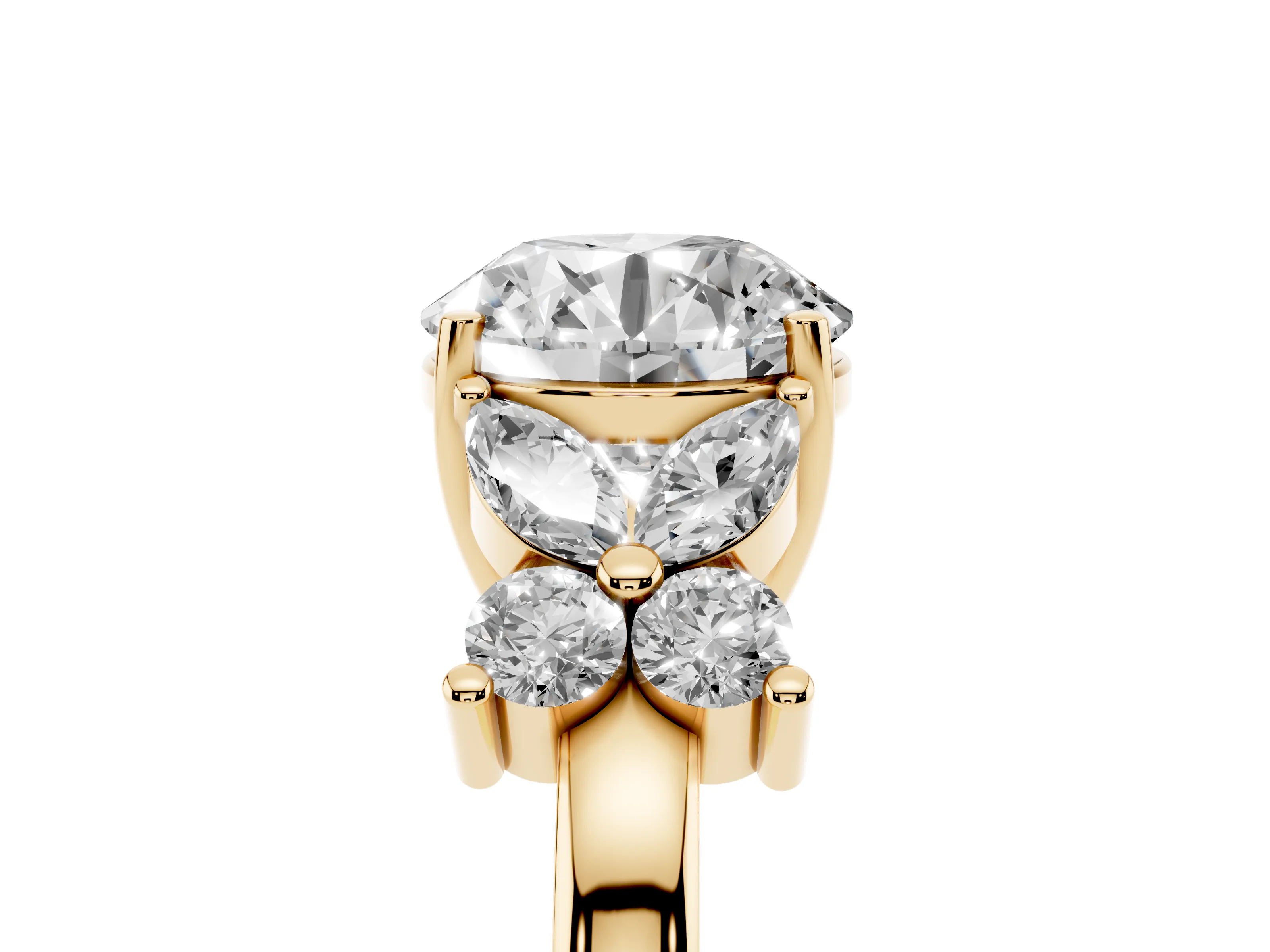 Round Cut Diamond Floral Cluster Ring Set in Yellow gold with Marquise Petals and Prong Setting