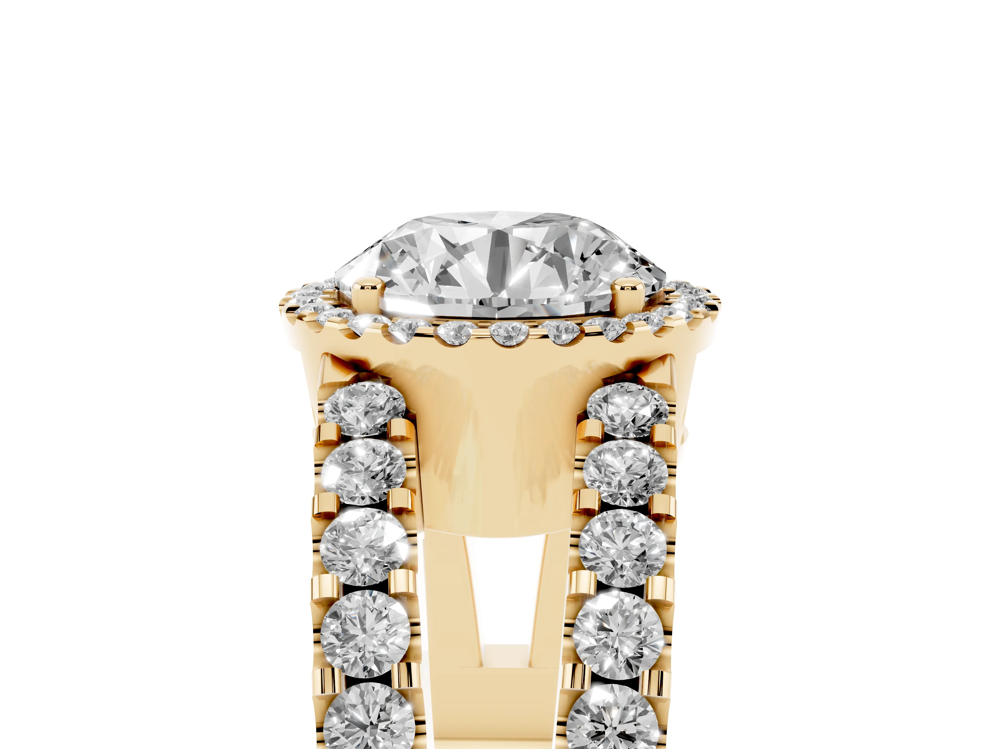 Round Cut Diamond Halo Ring Set in Yellow gold with Pavé Split Shank and Prong Setting