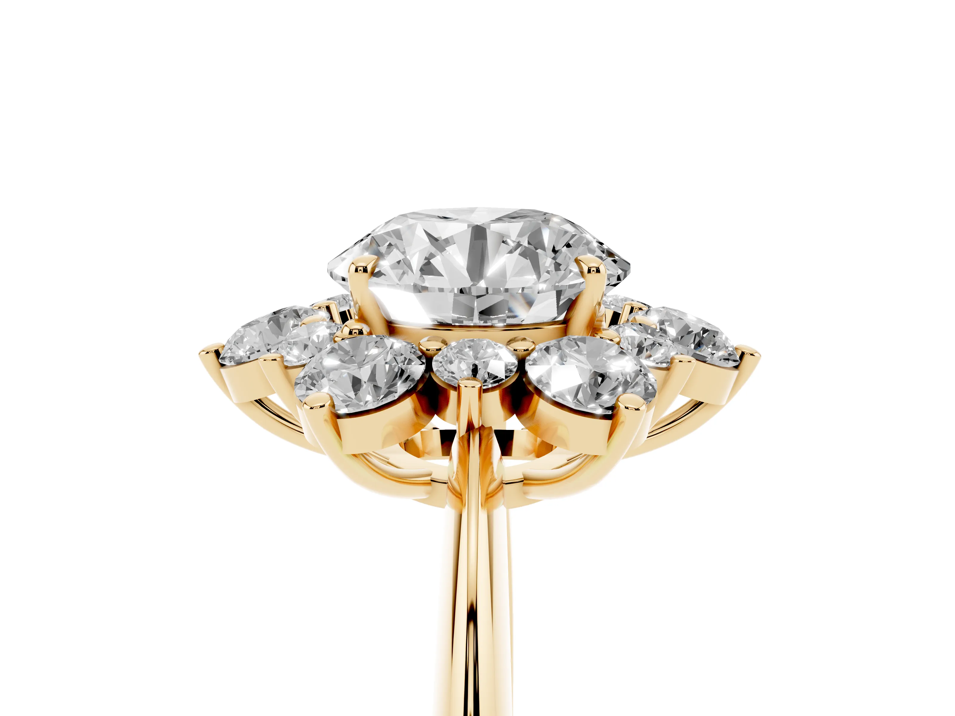 Round Cut Diamond Cluster Halo Ring Set in Yellow gold with Solitaire Band and Prong Setting