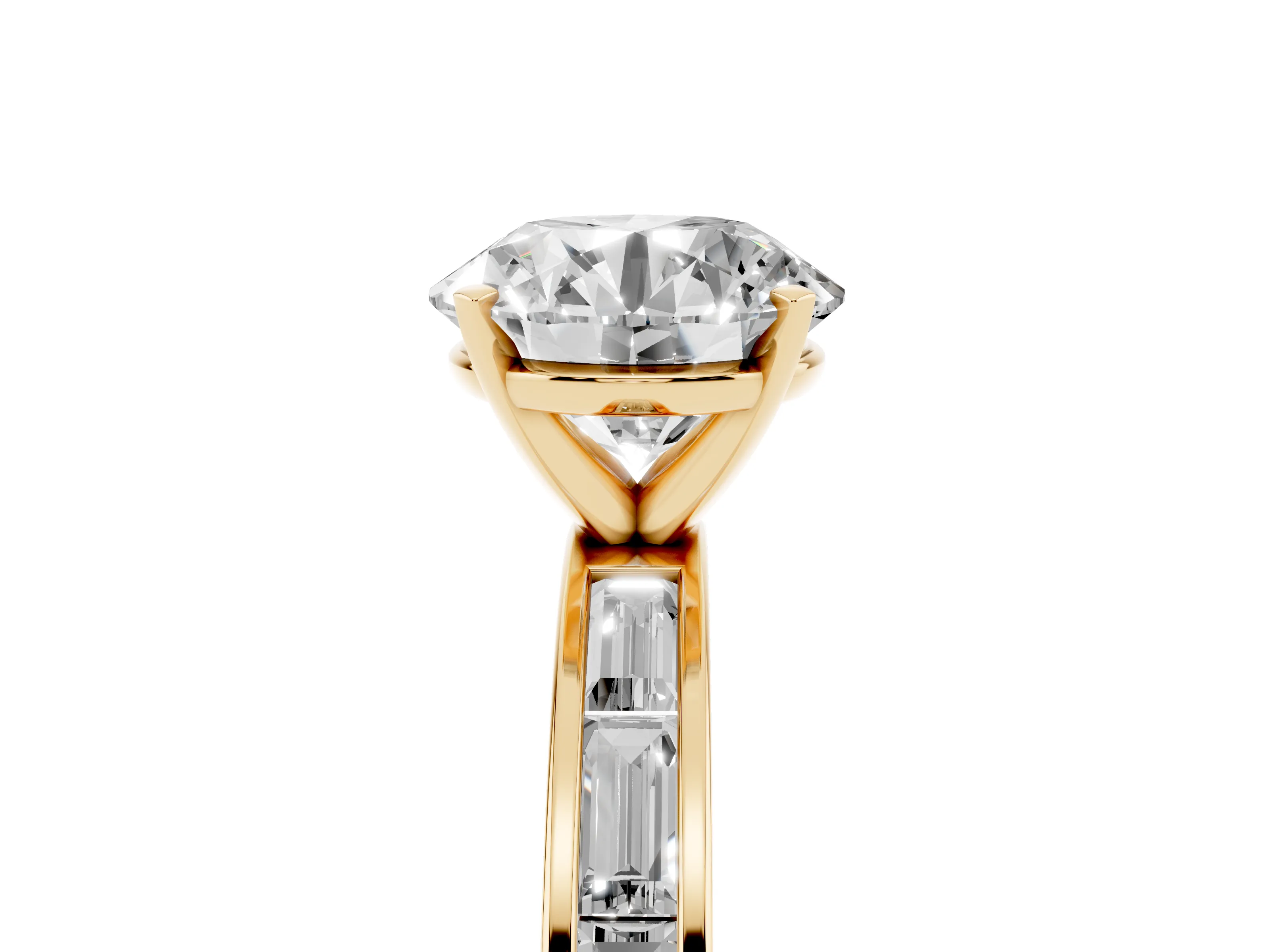 Round Cut Diamond Solitaire Ring Set in Yellow gold with Channel-Set Baguette Band and Prong Setting