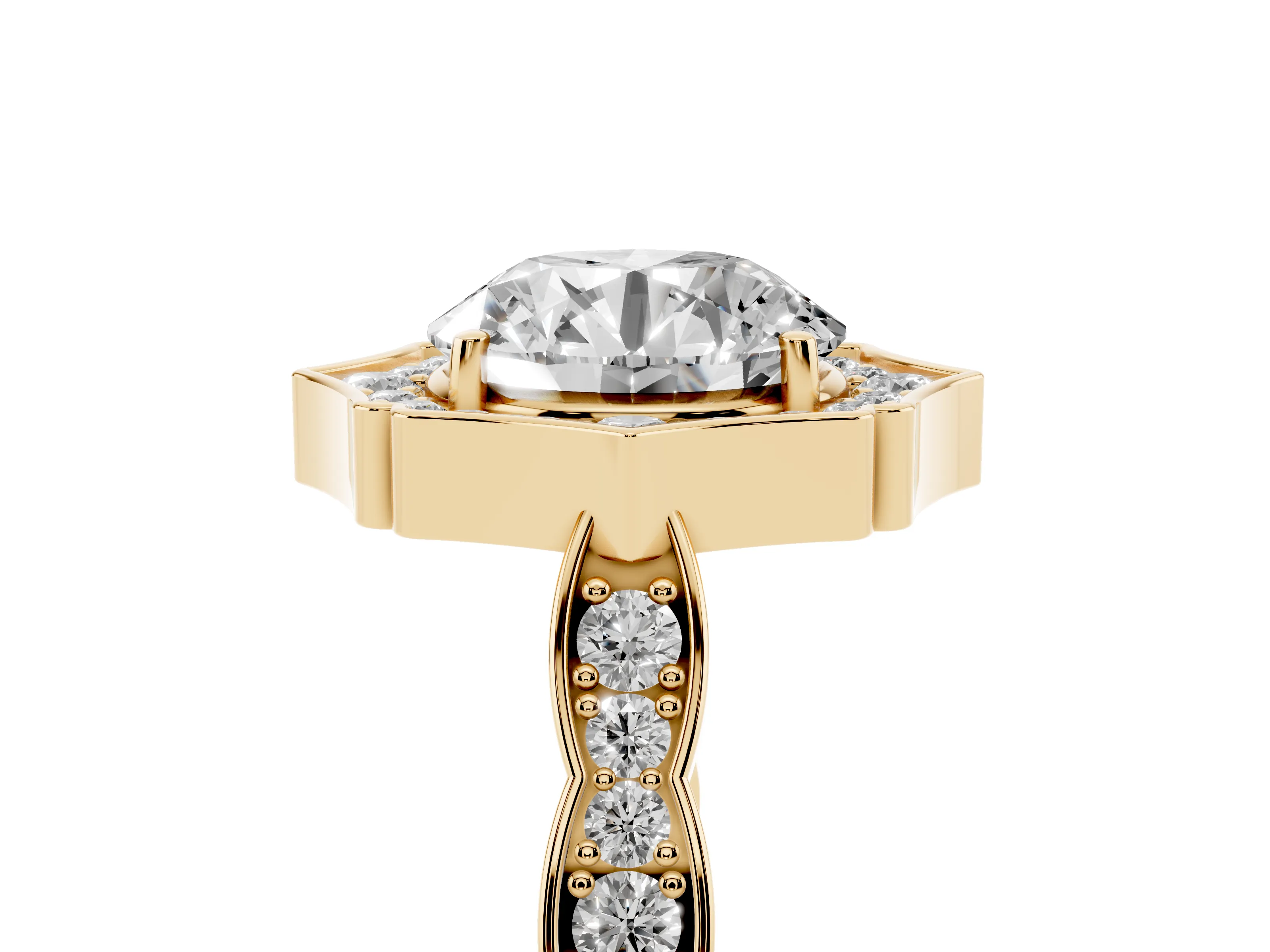 Round Cut Diamond Halo Engagement Ring Set in Yellow gold with Milgrain Band and Prong Setting
