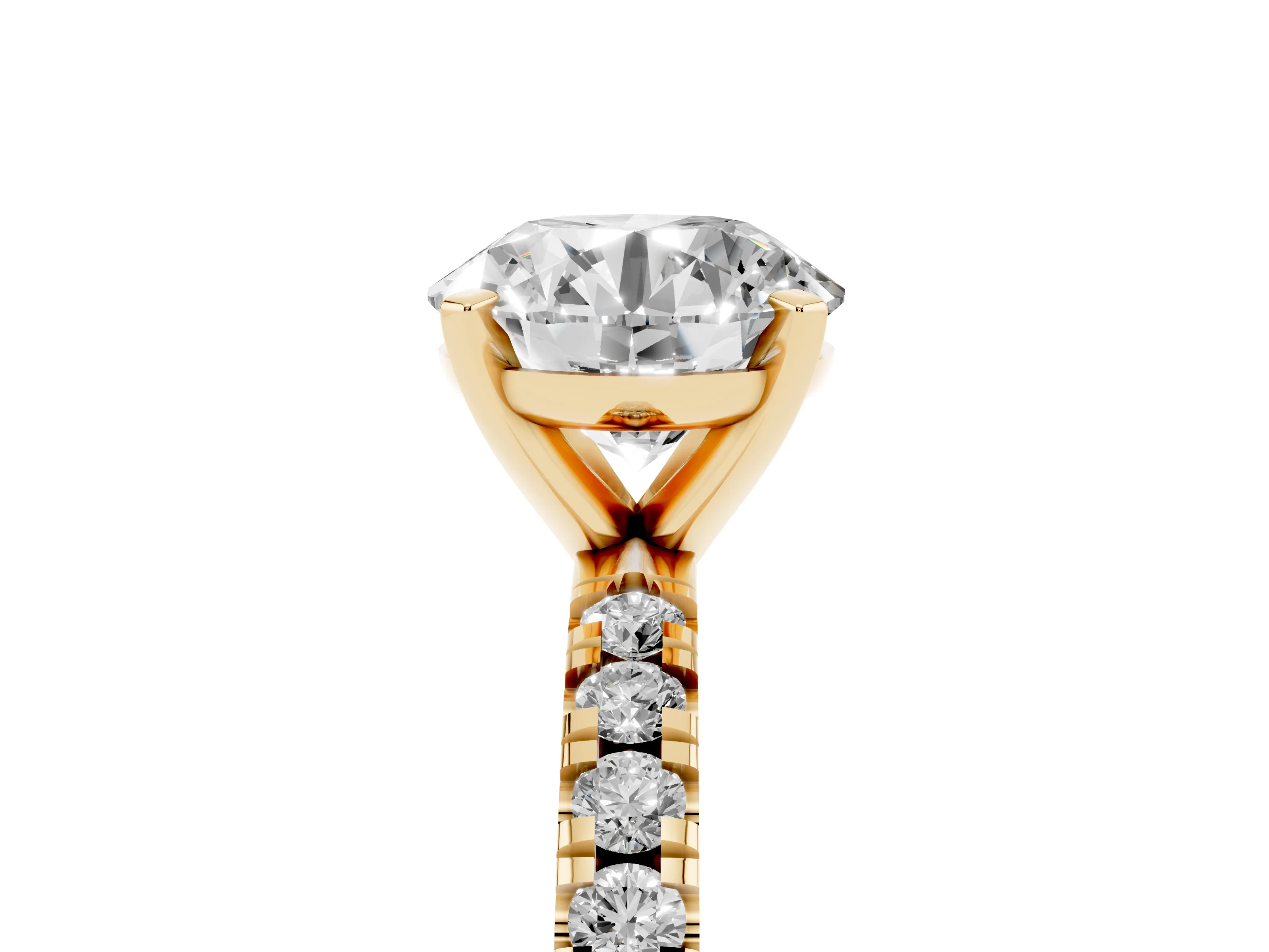 Round Cut Diamond Pavé Band Solitaire Set in Yellow gold with Prong Setting
