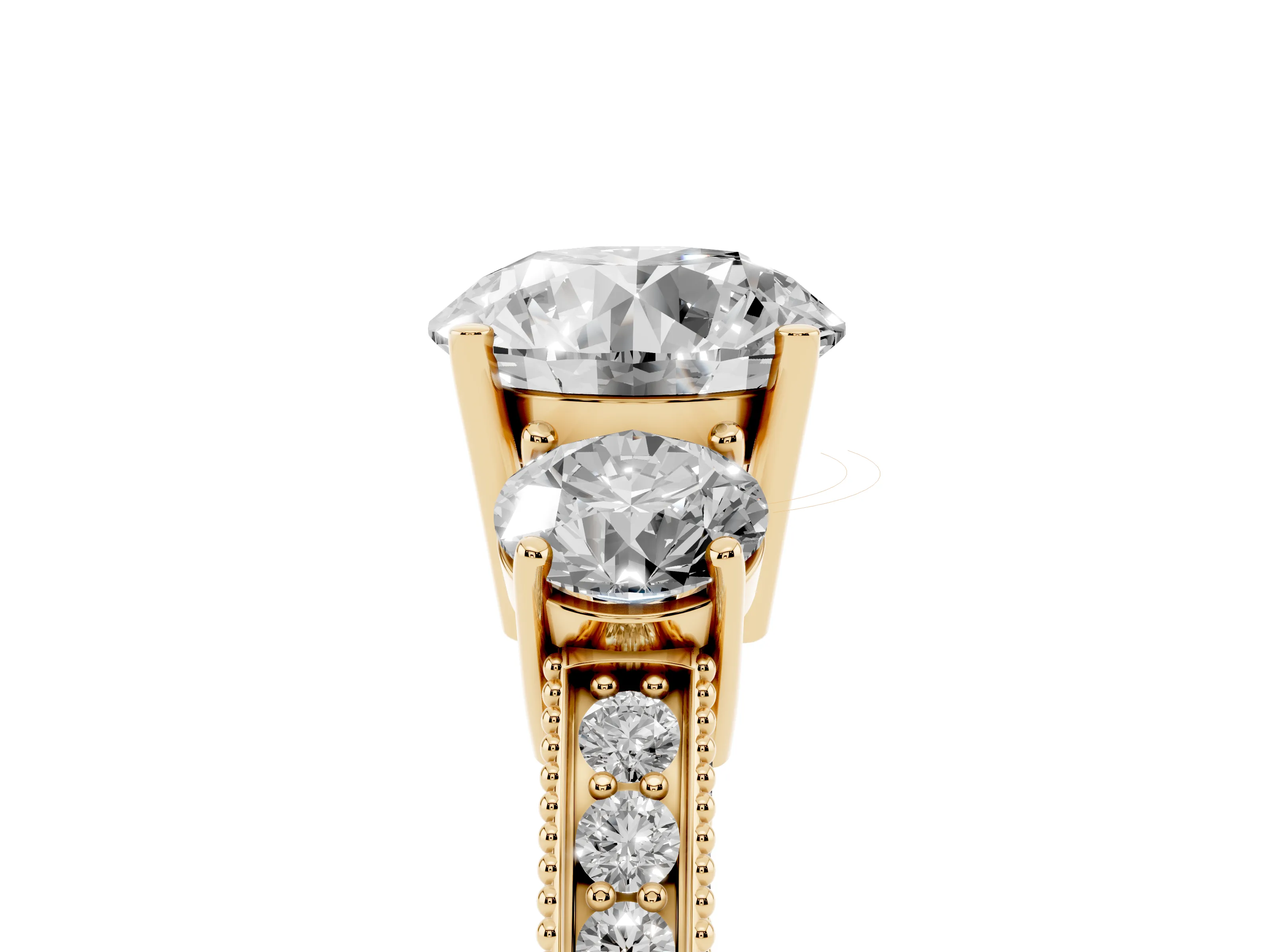 Round Cut Diamond Three-Stone Ring Set in Yellow gold with Round Side Stones and Pavé Band