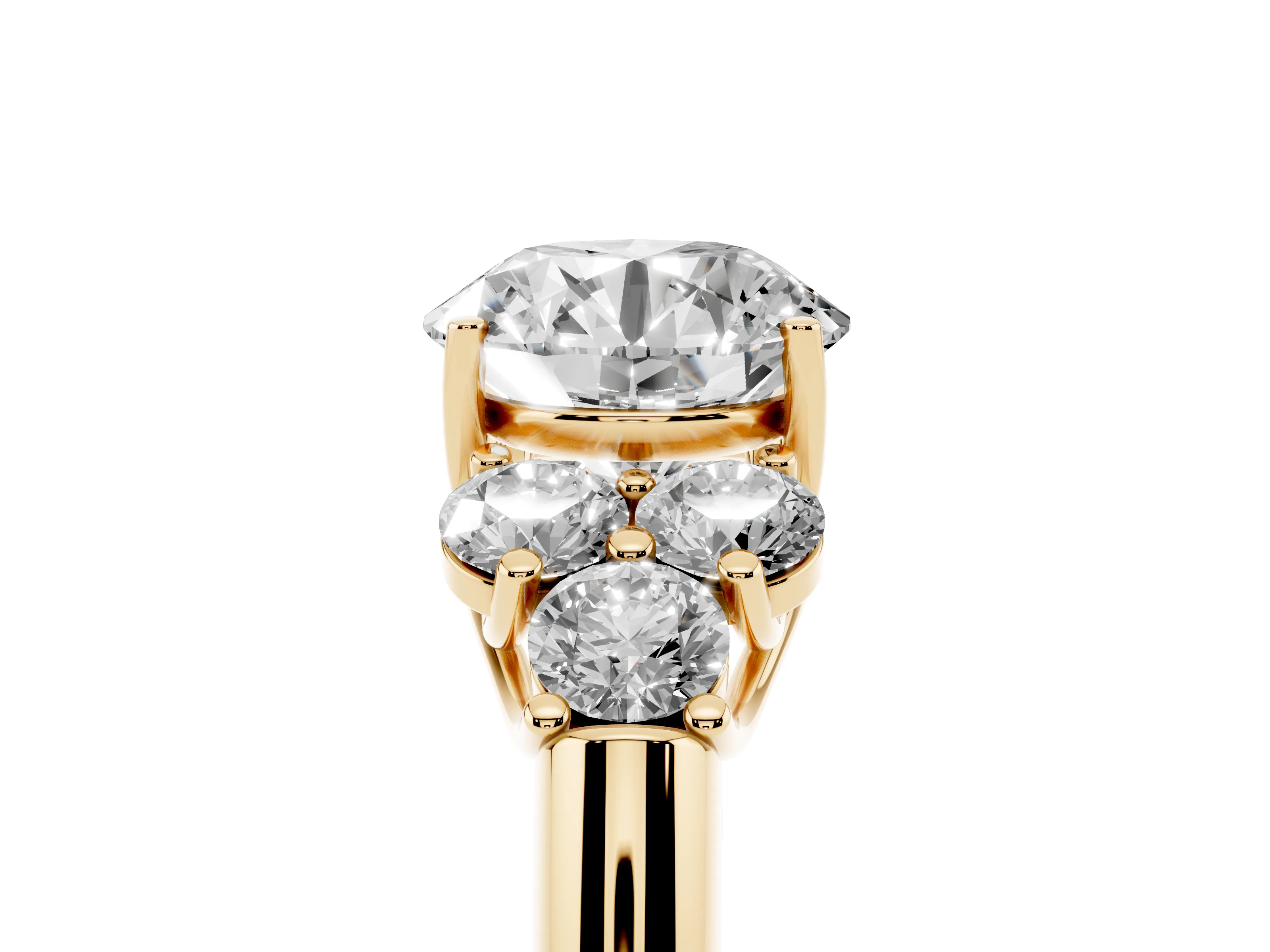 Round Cut Diamond Cluster Ring Set in Yellow gold with Round Accent Stones and Prong Setting on a Plain Band