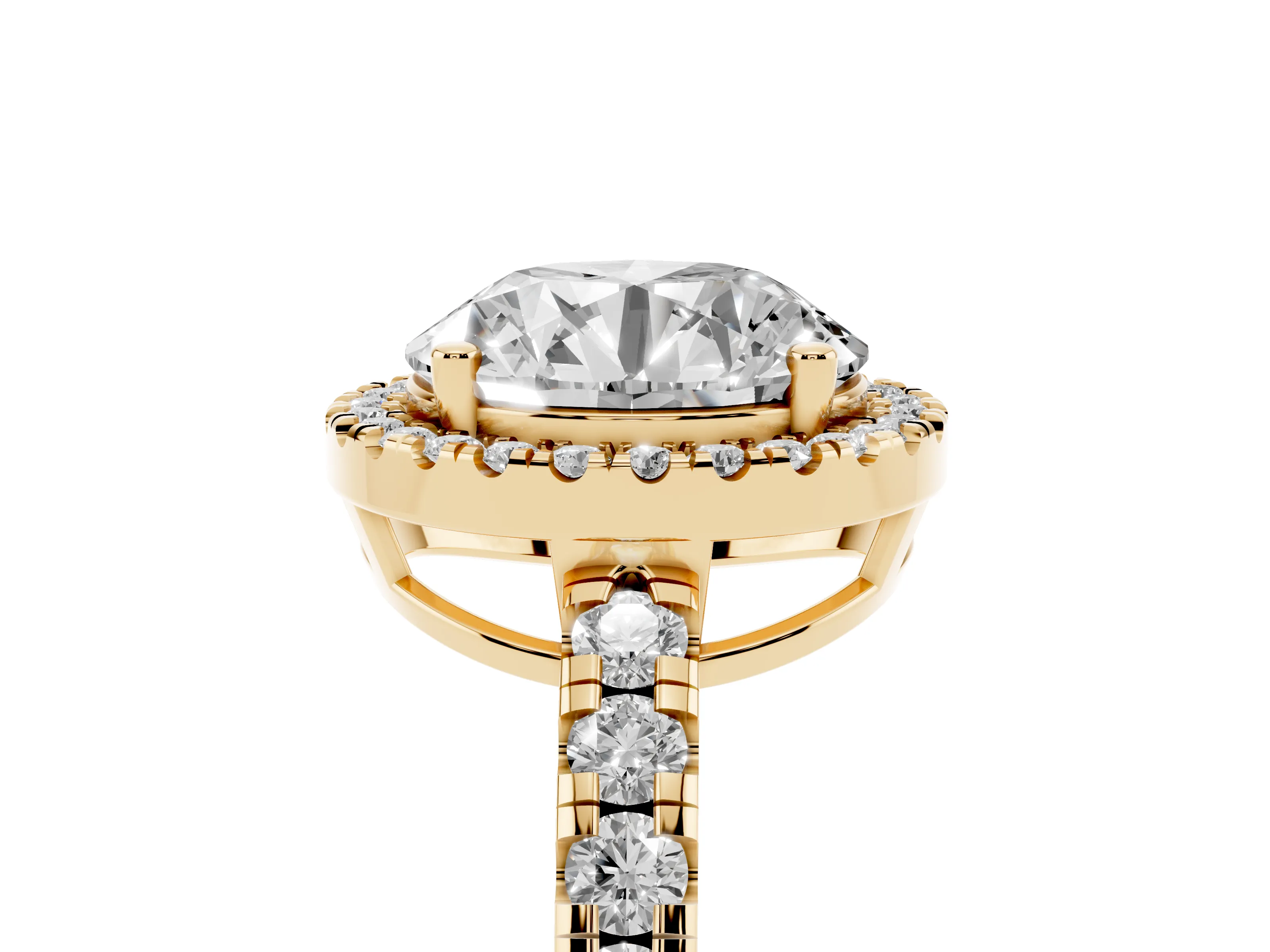 Round Cut Diamond Halo Ring Set in Yellow gold with Delicate Pavé Band and Prong Setting