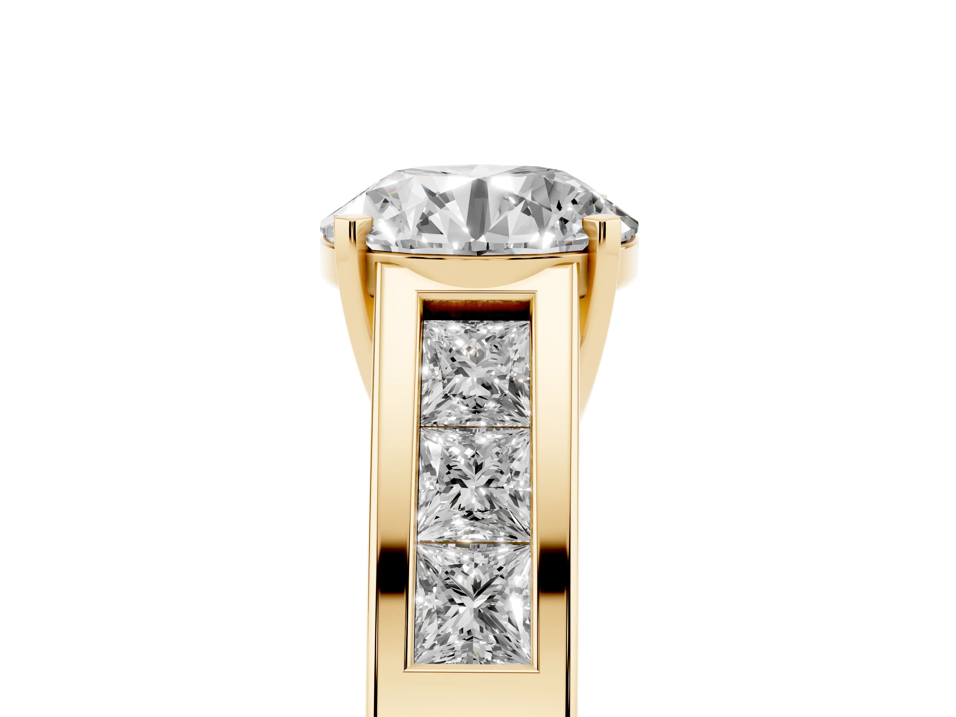 Round Cut Diamond Solitaire Ring Set in Yellow gold with Channel-Set Accent Stones and Prong Setting