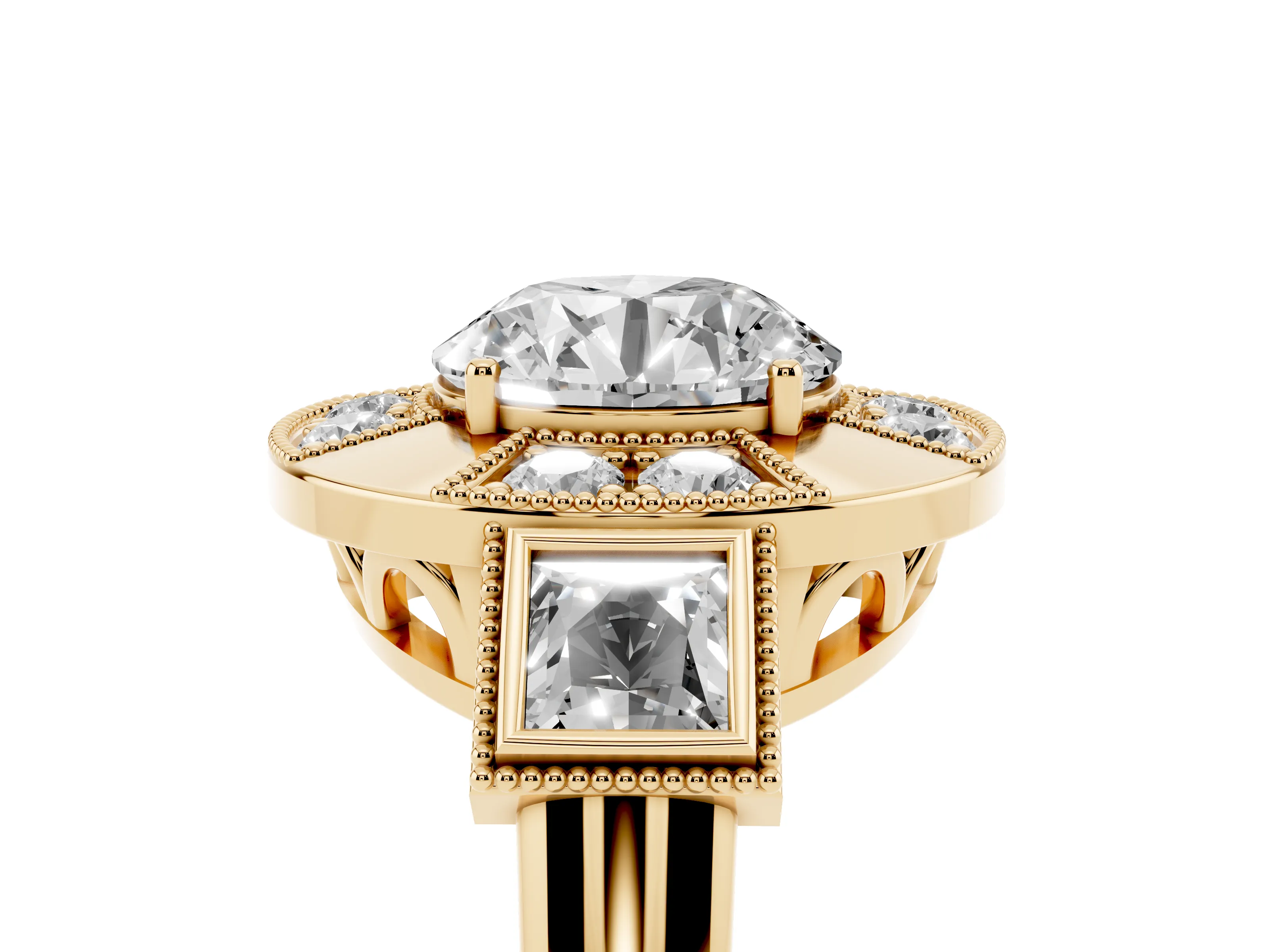 Round Cut Diamond Milgrain Halo Ring Set in Yellow gold with Split Shank