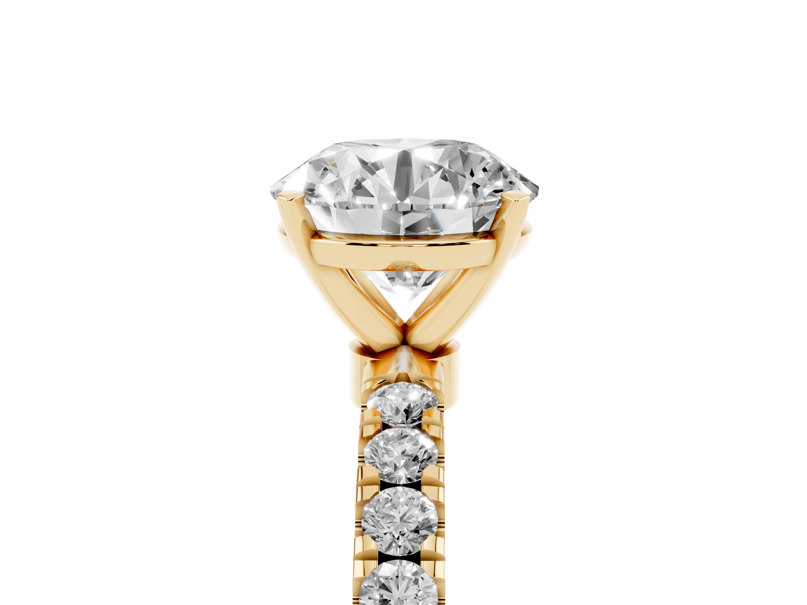 Round Cut Diamond Solitaire Ring Set in Yellow gold with Pavé Accents and Prong Setting
