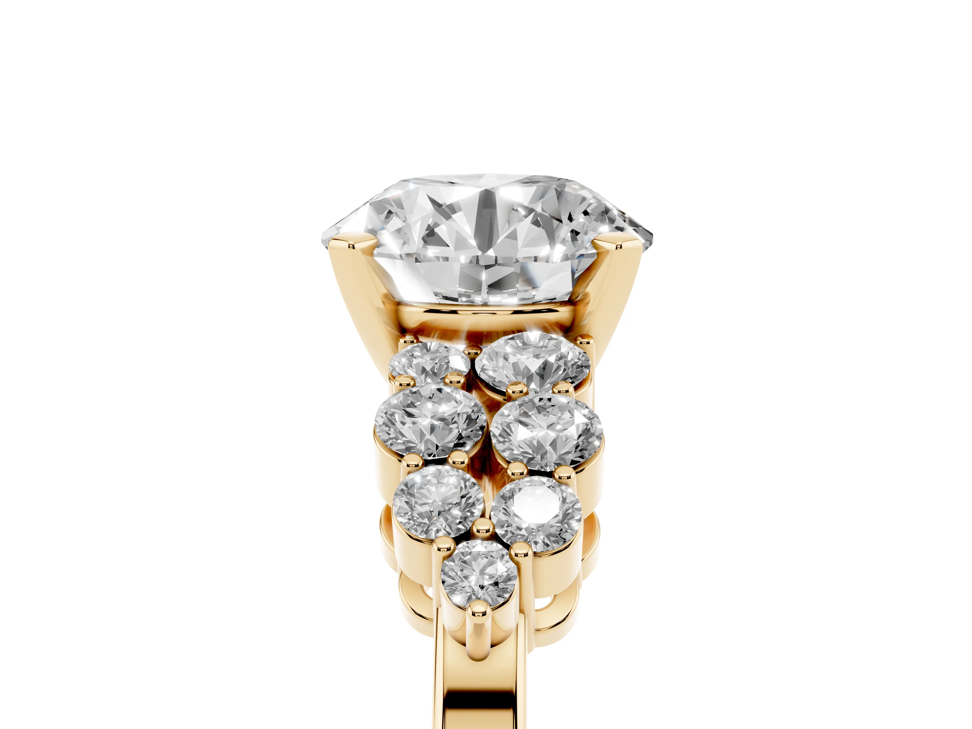 Round Cut Diamond Cluster Engagement Ring Set in Yellow gold with Pavé Band and Prong Setting