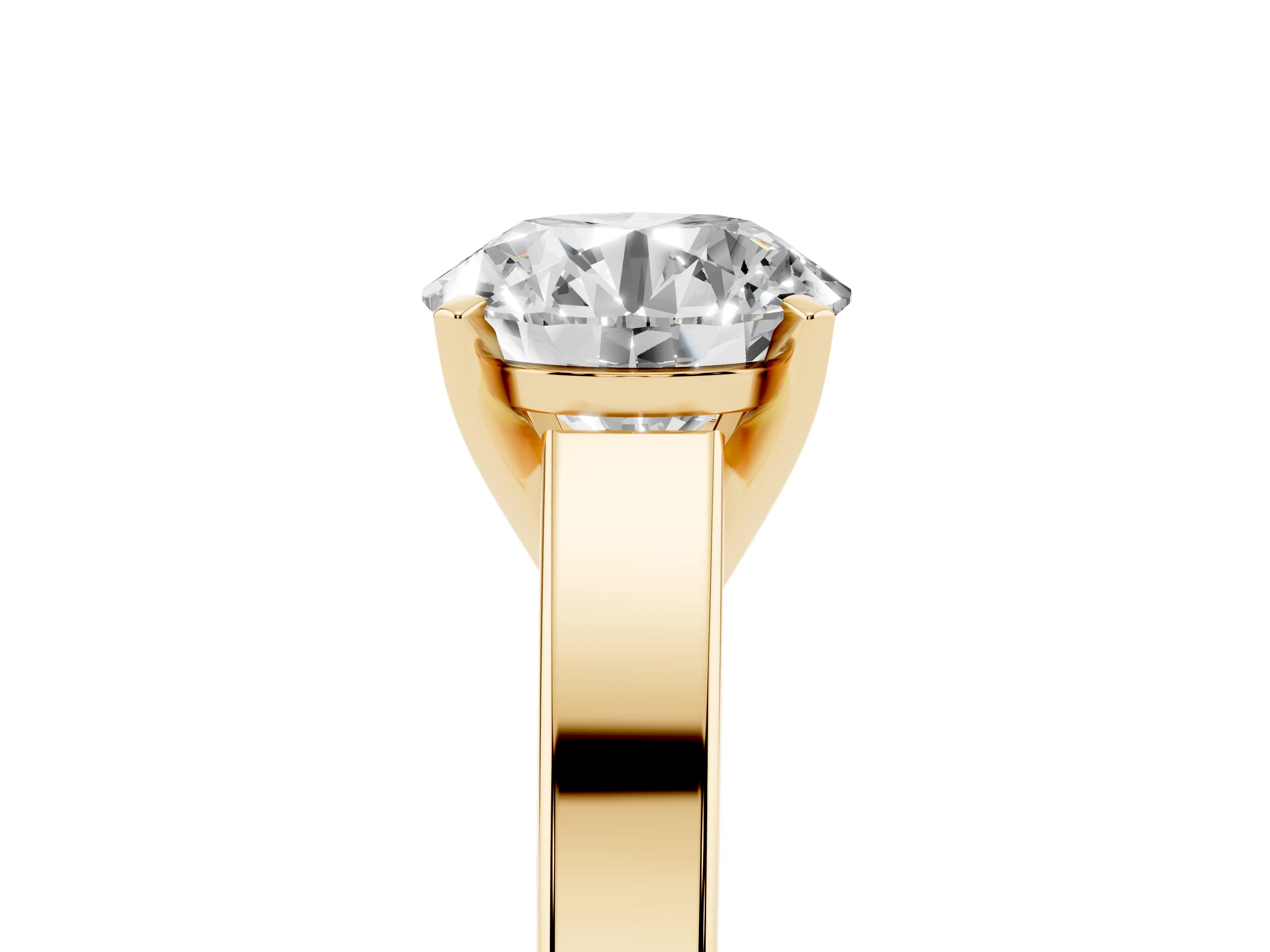 Round Cut Diamond Solitaire Engagement Ring Set in Yellow gold with Prong Setting and Tapered Band