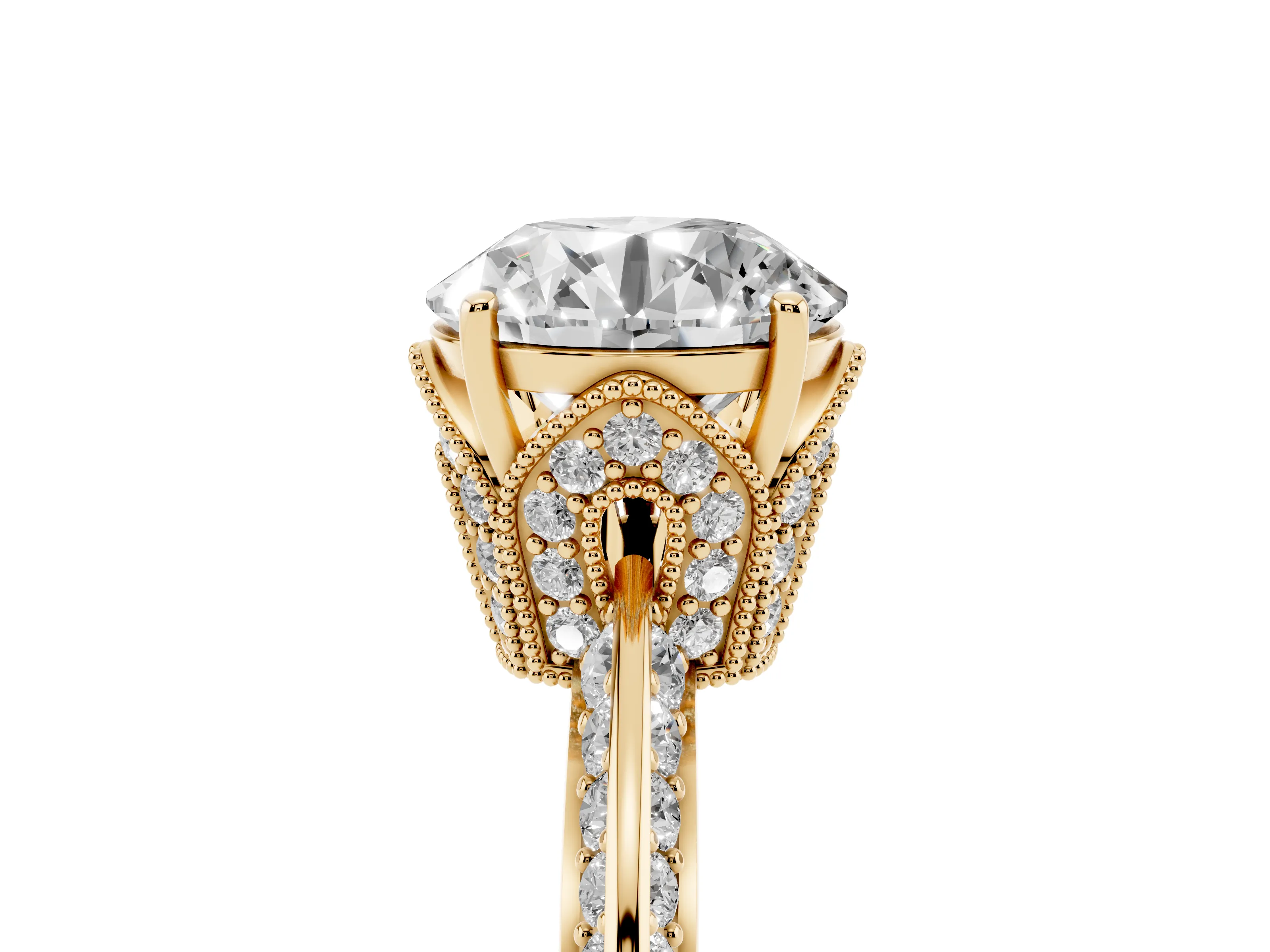 Round Cut Diamond Solitaire Engagement Ring Set in Yellow gold with Pavé Split Shank and Prong Setting