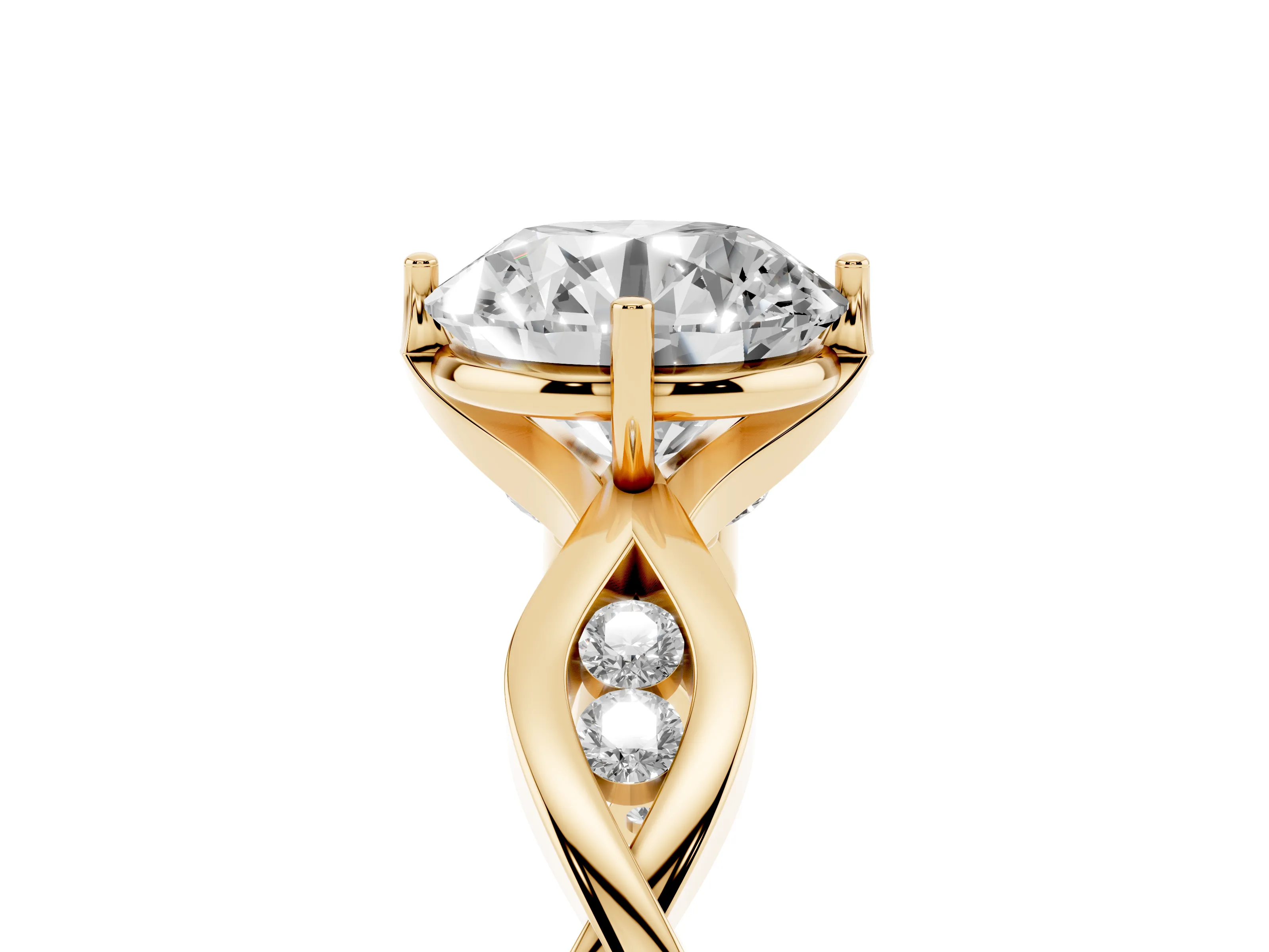 Round Cut Diamond Twist Band Solitaire Ring Set in Yellow gold with Leaf Prong Setting and Accent Stones