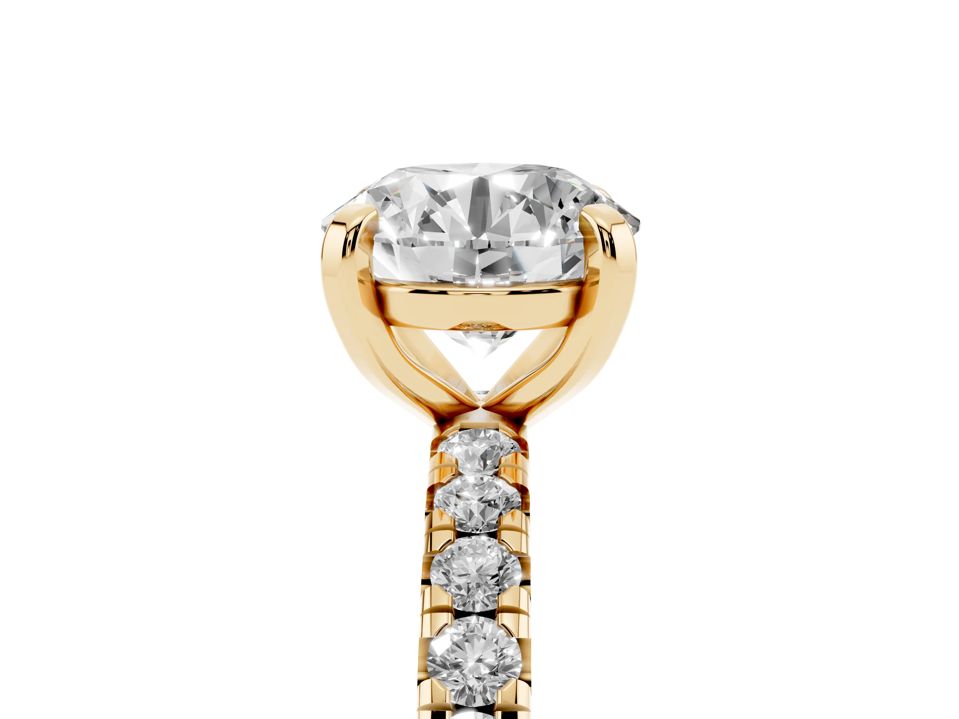 Round Cut Diamond Pavé Solitaire Ring Set in Yellow gold with Round Band and Prong Setting