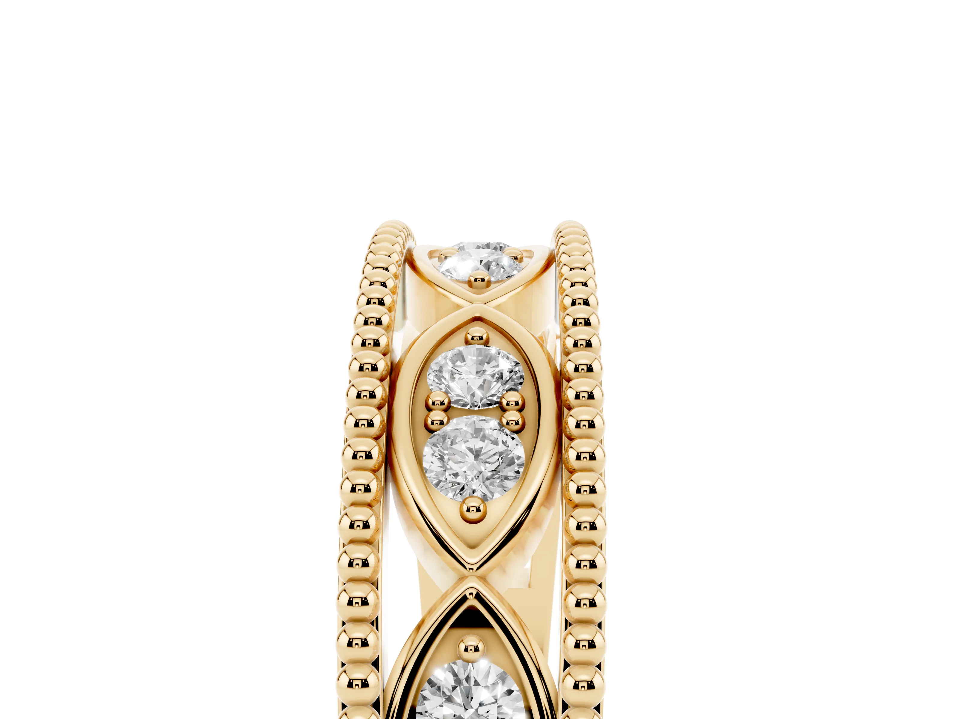 Round Diamond Marquise Shape Band Set in Yellow gold with Milgrain Detail and Prong Setting
