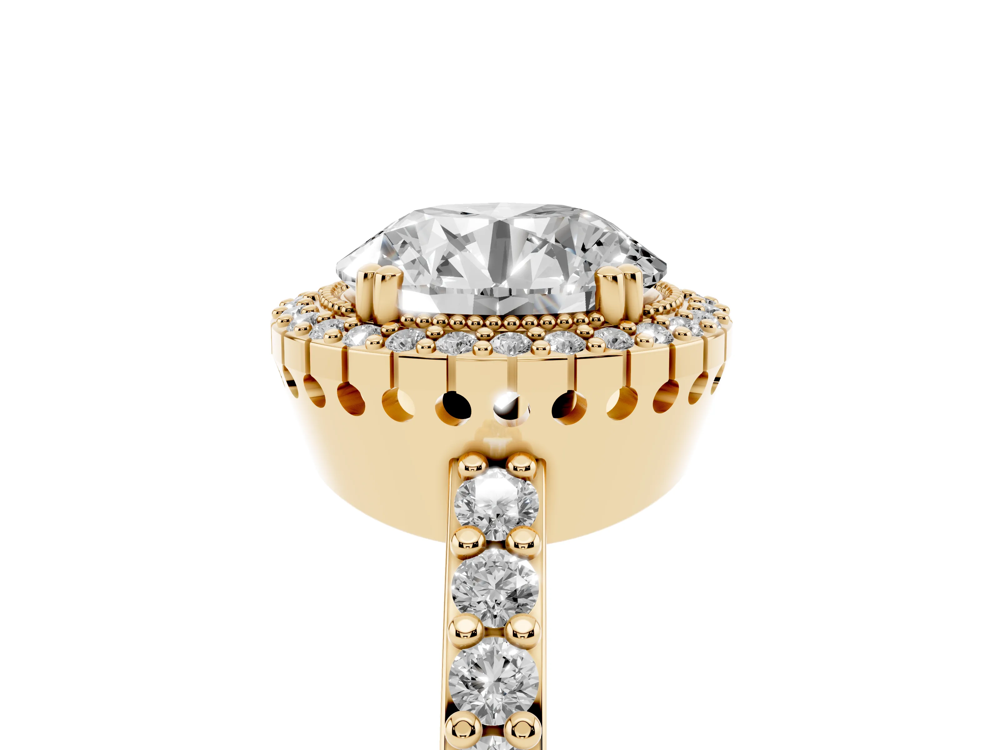 Round Cut Diamond Halo Engagement Ring Set in Yellow gold with Milgrain Detail and Pavé Band