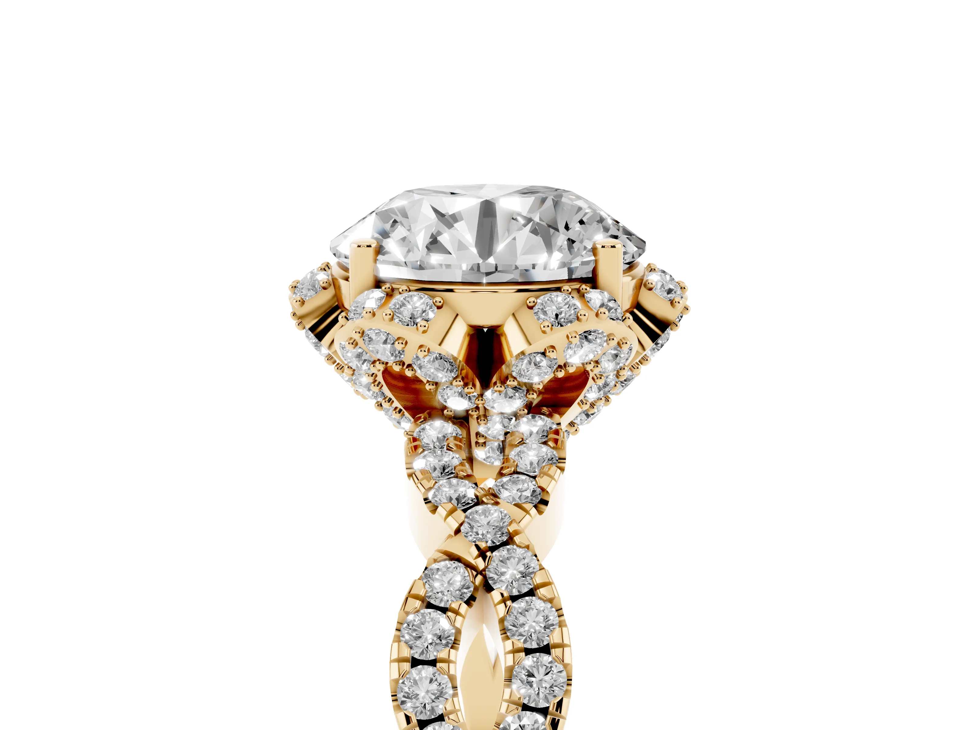 Round Cut Diamond Halo Twist Band Solitaire Ring Set in Yellow gold with Prong-Set Center Stone