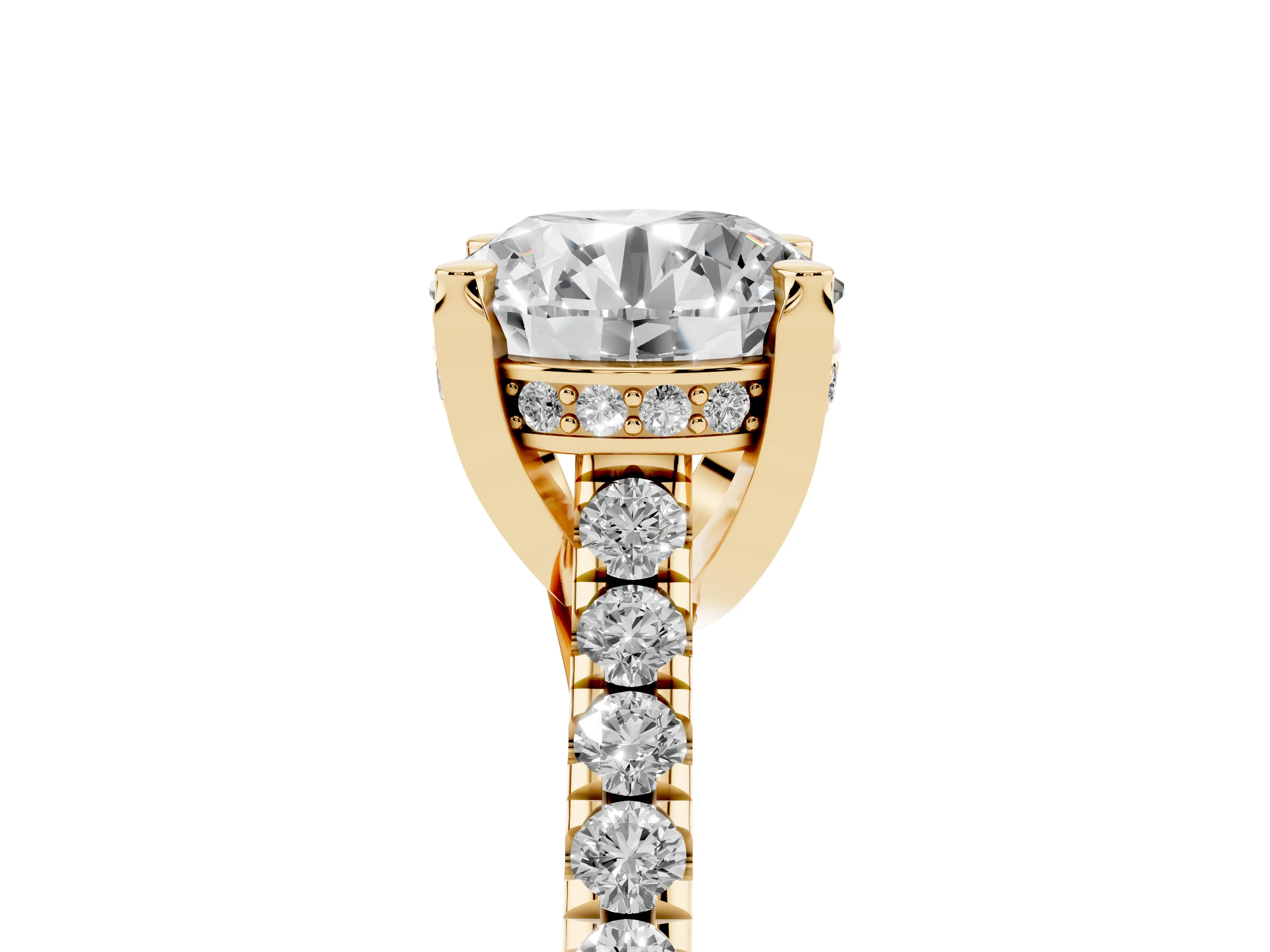 Round Cut Diamond Solitaire Ring Set in Yellow gold with Brilliant Pavé Band and Prong Setting