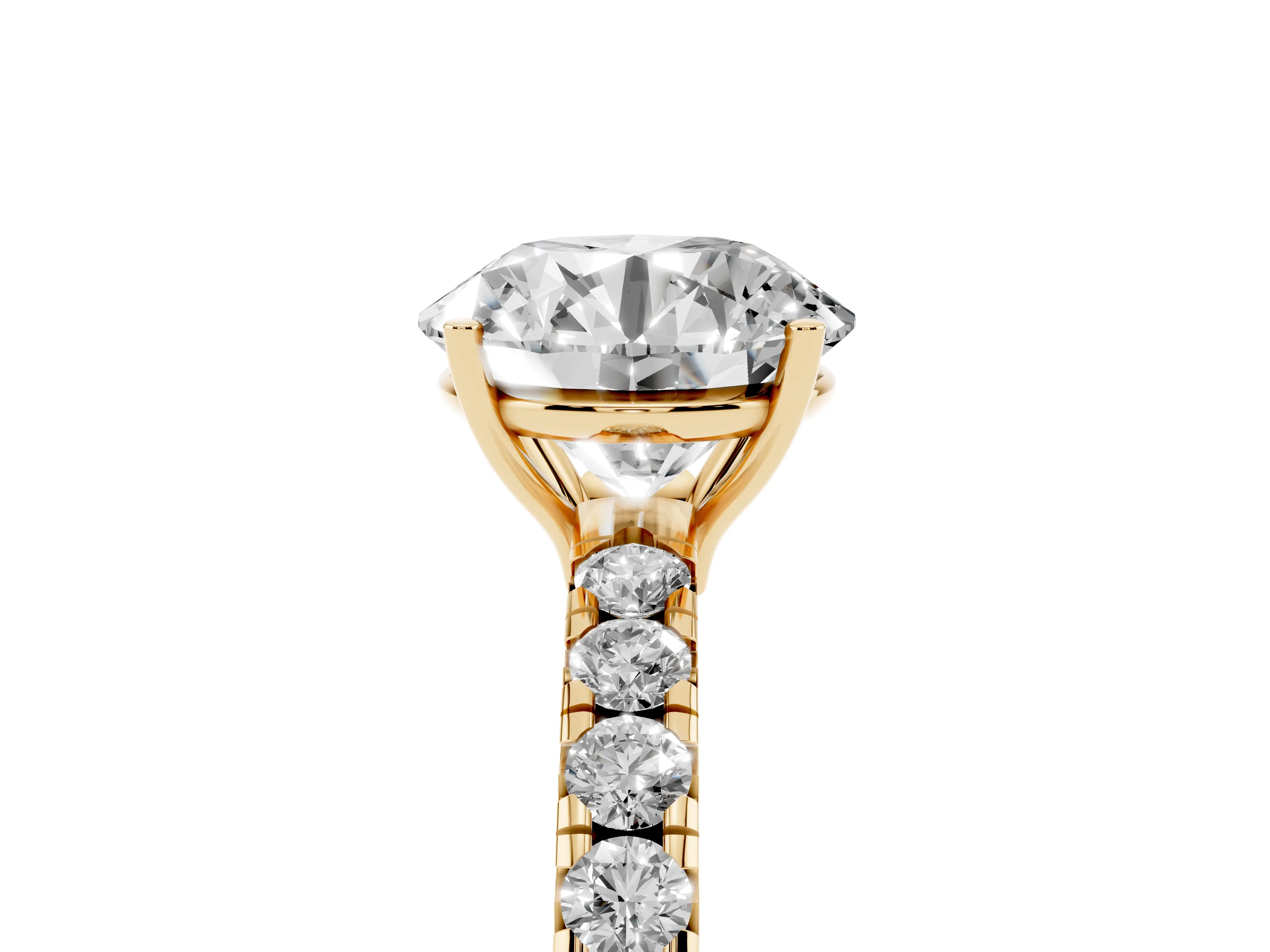Round Cut Diamond Pavé Solitaire Engagement Ring Set in Yellow gold with Prong Setting
