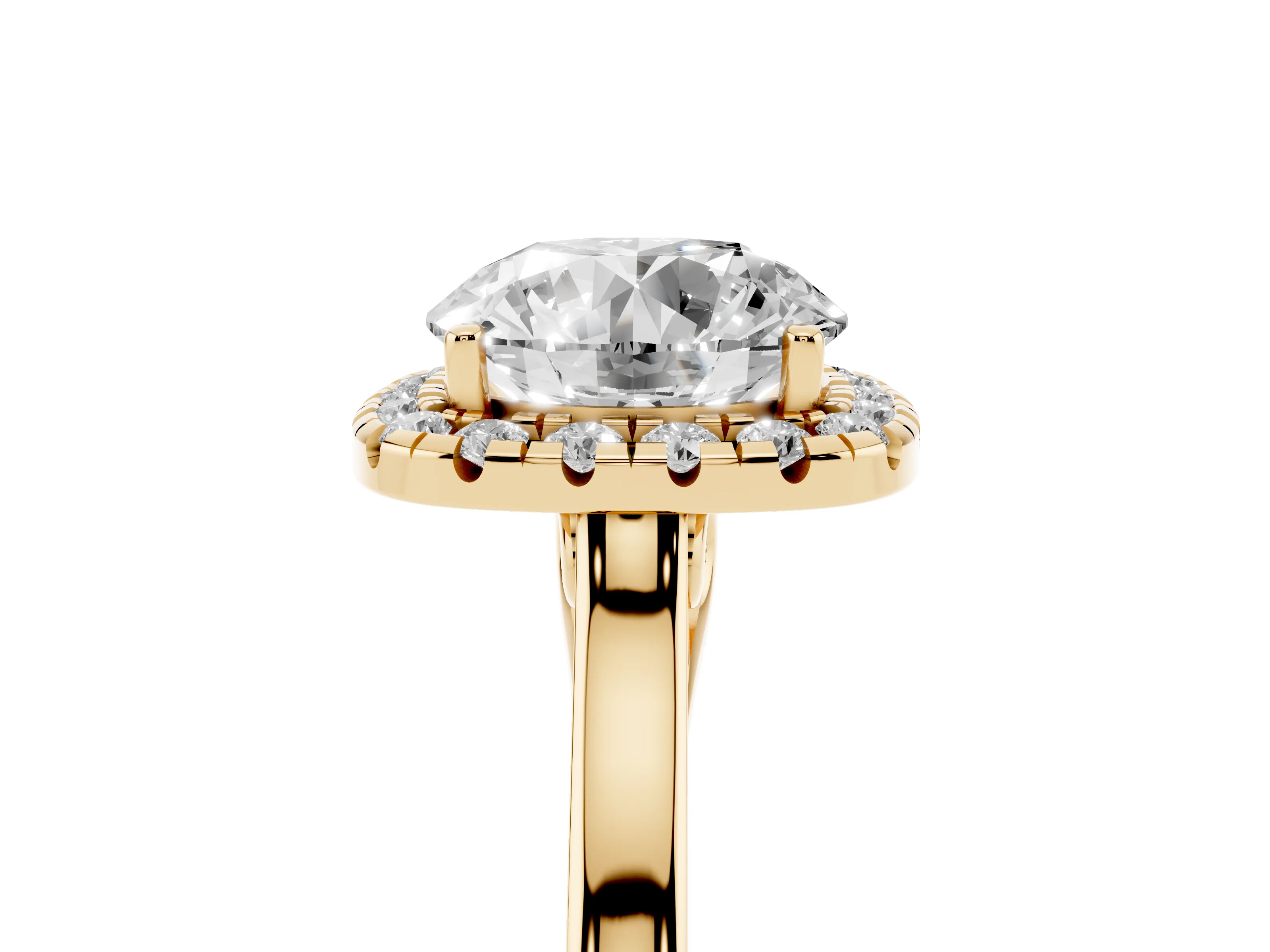 Round Cut Halo Round Diamond Solitaire Ring Set in Yellow gold with Pavé Band and Prong Setting