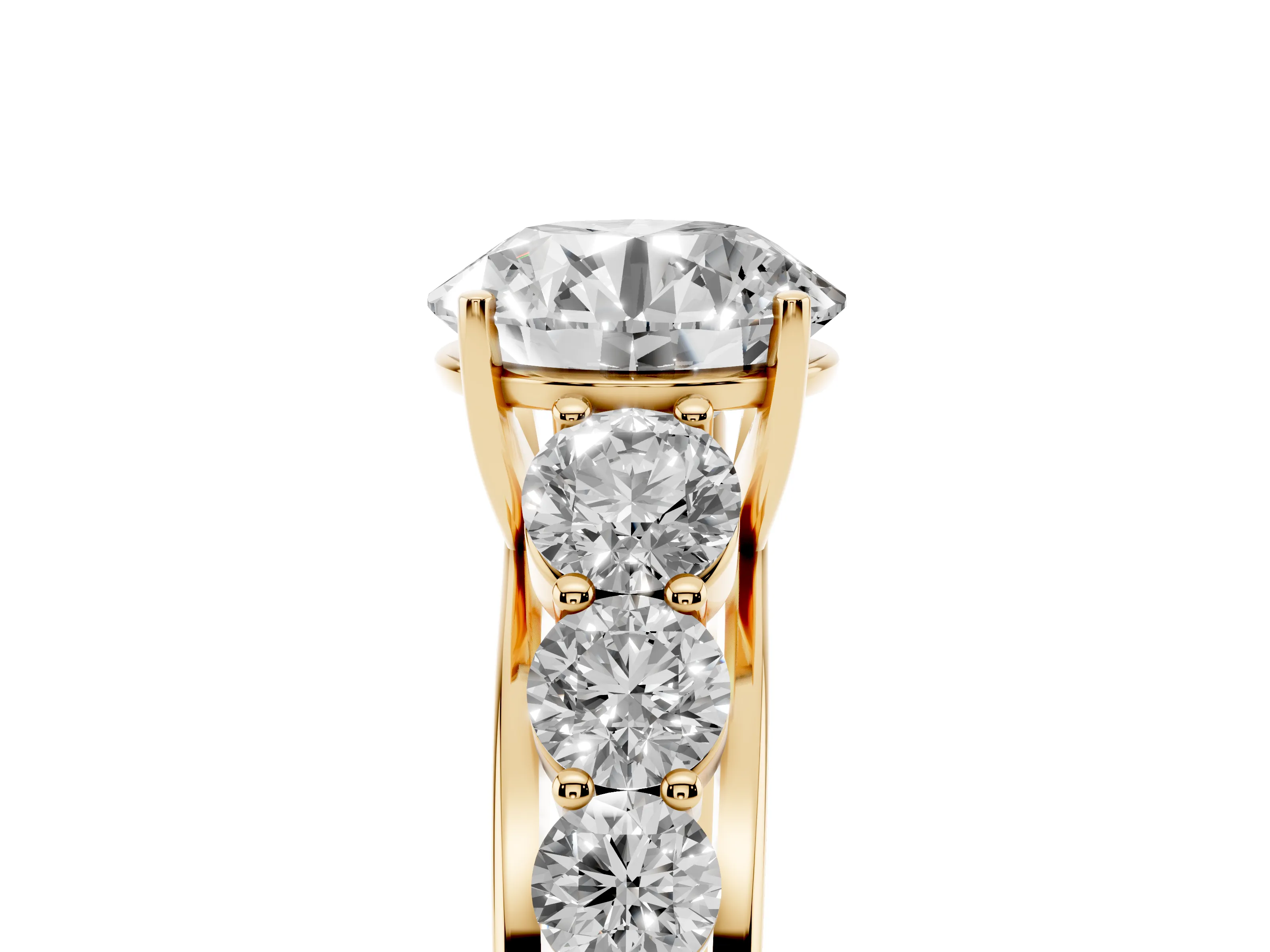 Round Cut Diamond Solitaire Ring Set in Yellow gold with Pavé-Set Band and Prong Setting