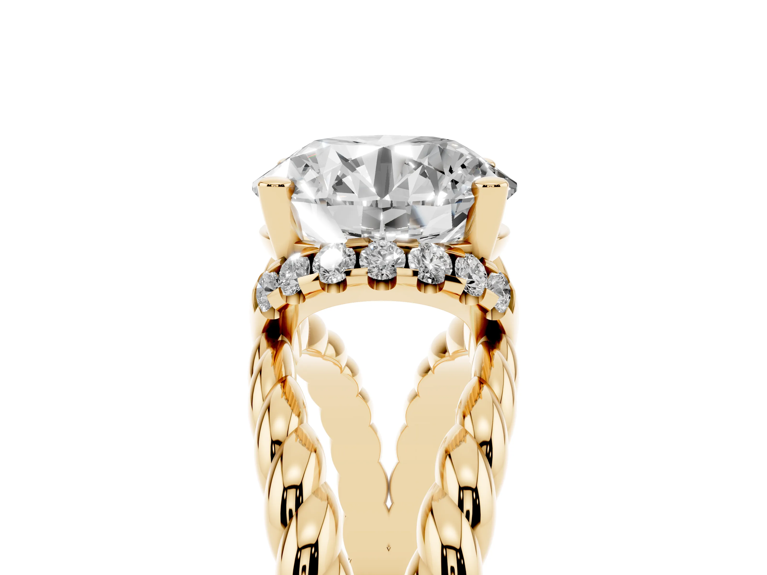 Round Cut Diamond Halo Ring Set in Yellow gold with Twisted Band and Prong Setting