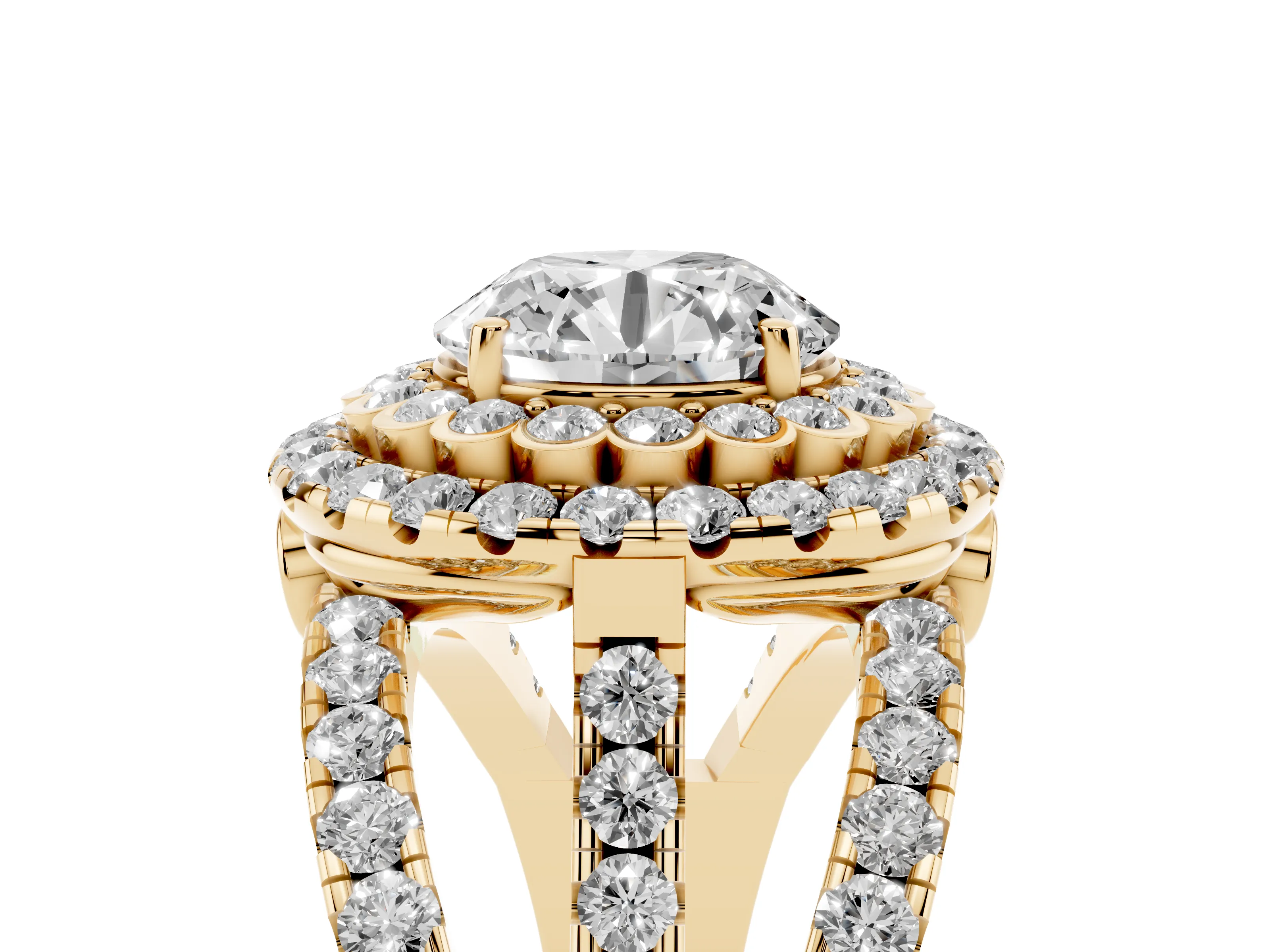 Round Cut Diamond Double Halo Ring Set in Yellow gold with Round Pavé Split Shank