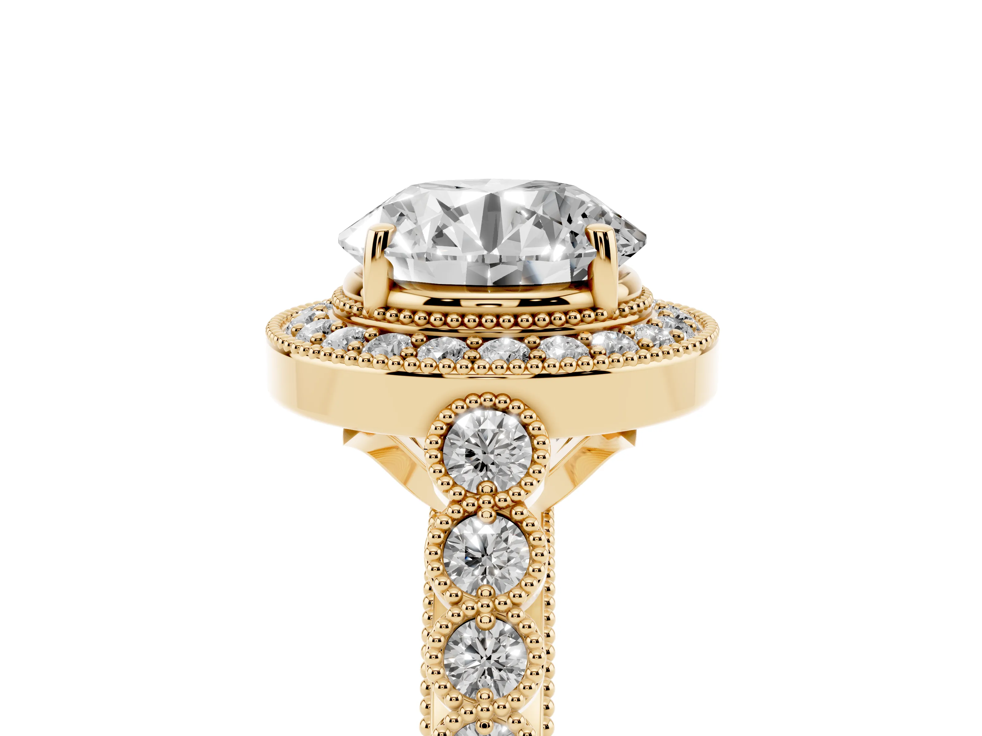 Round Cut Diamond Milgrain Halo Solitaire Ring Set in Yellow gold with Bezel Set Side Stones and Pavé Band