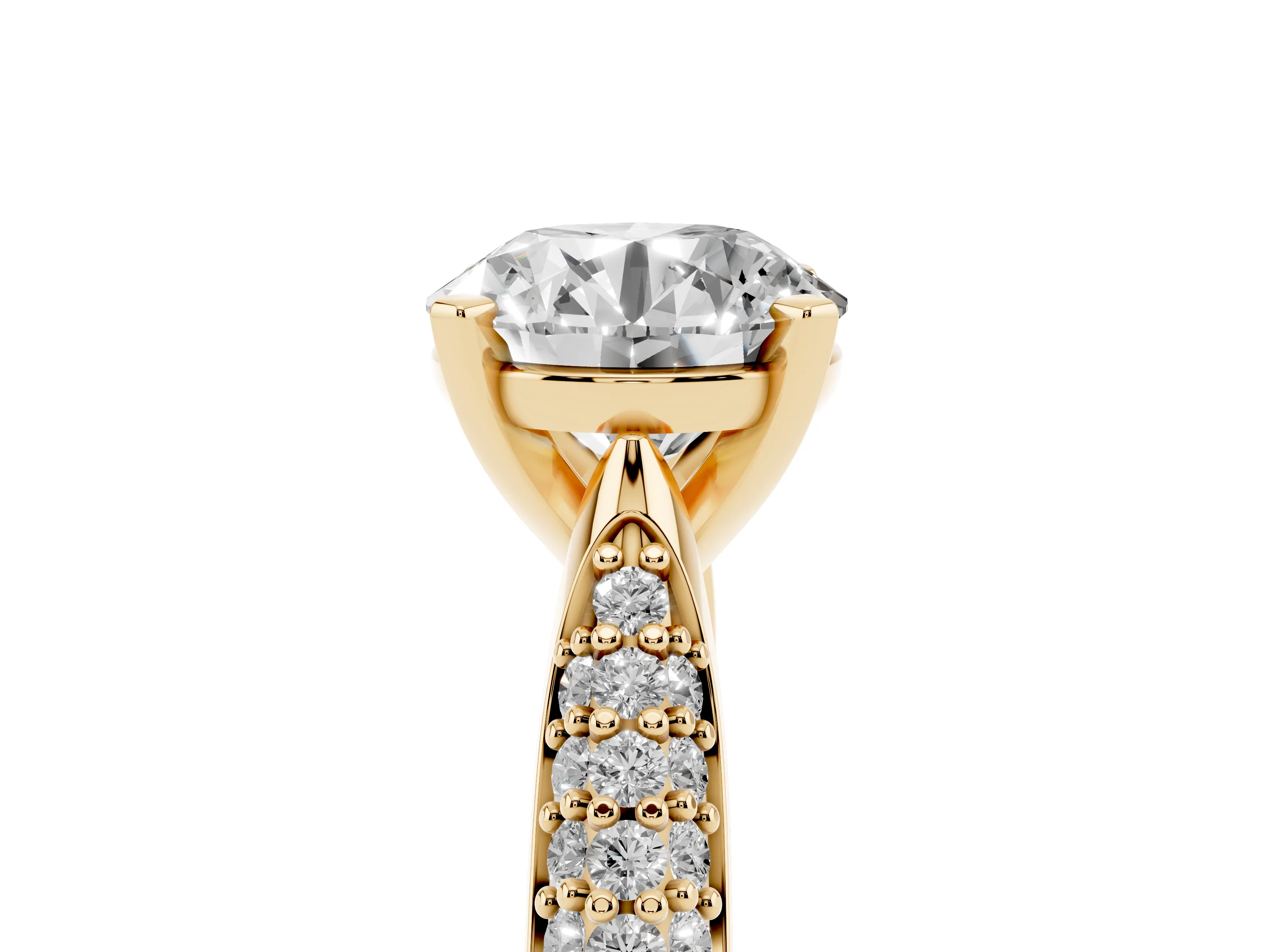 Round Cut Diamond Solitaire Engagement Ring Set in Yellow gold with Multi-Row Round Pavé Band and Prong Setting