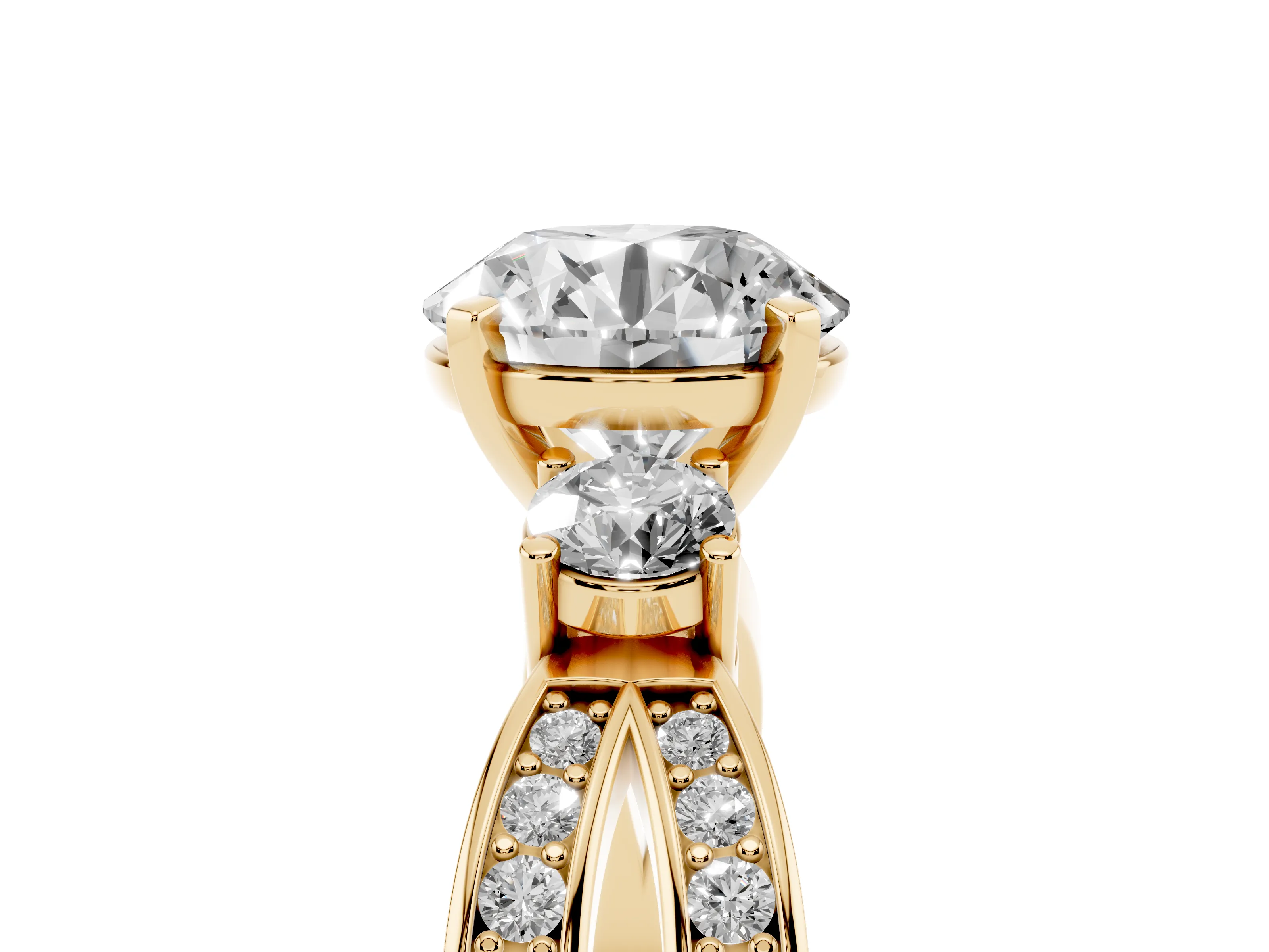 Three-Stone Round Cut Diamond Twist Band Ring Set in Yellow gold with Pavé Accents and Prong Setting