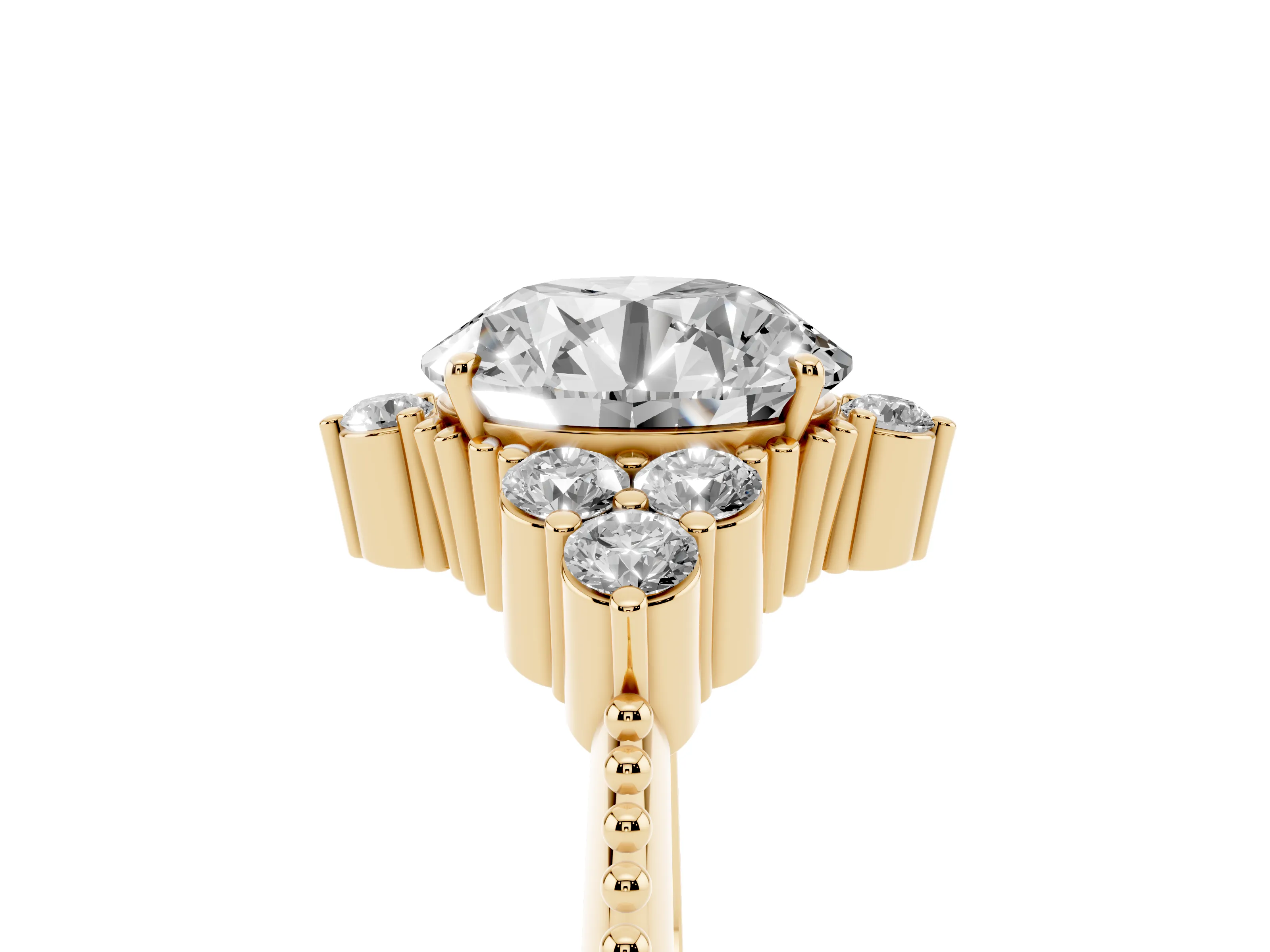Round Cut Diamond Cluster Ring Set in Yellow gold with Beaded Band