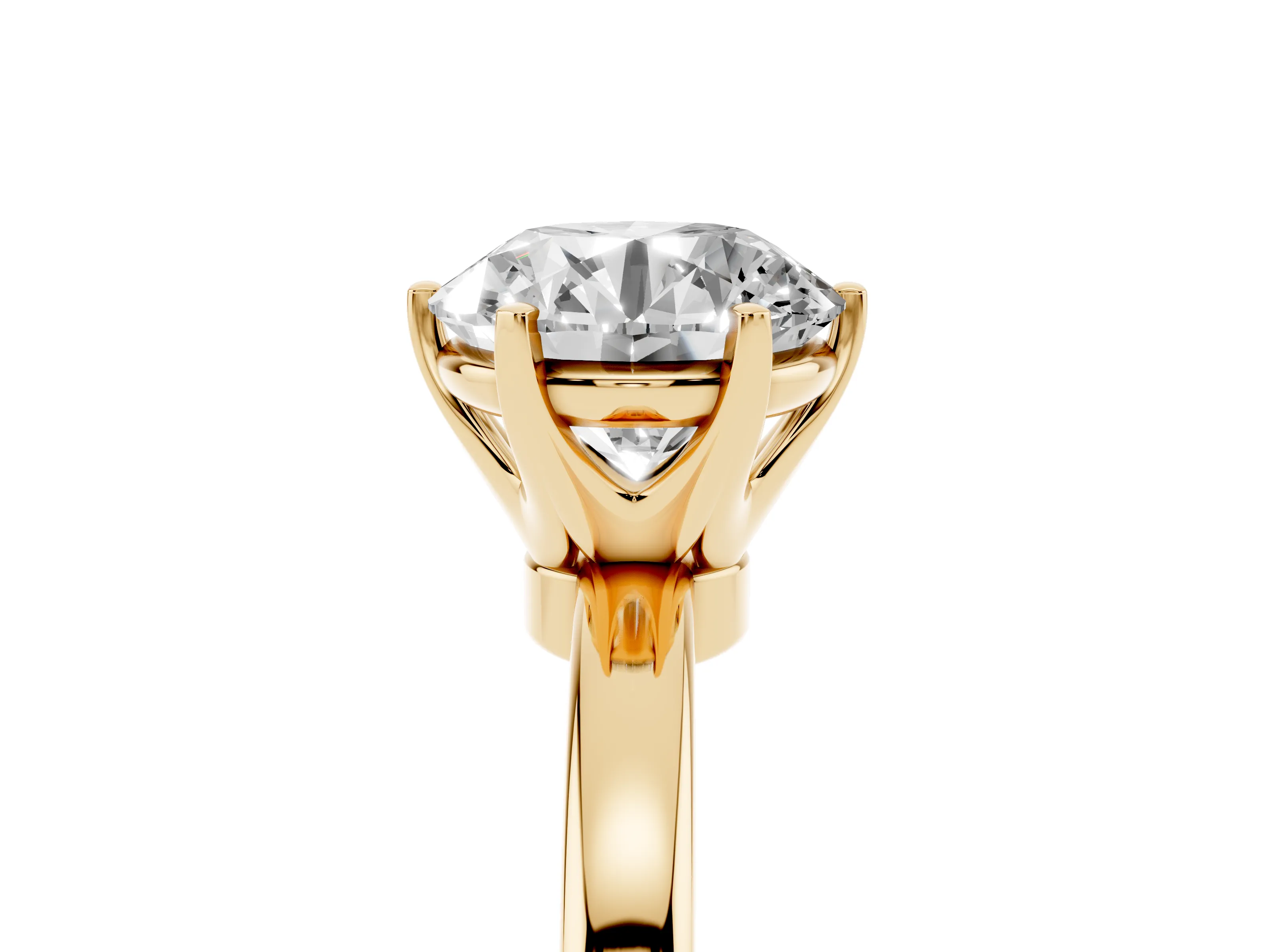 Round Cut Diamond Solitaire Ring Set in Yellow gold with Raised Prong Setting on a Classic Band