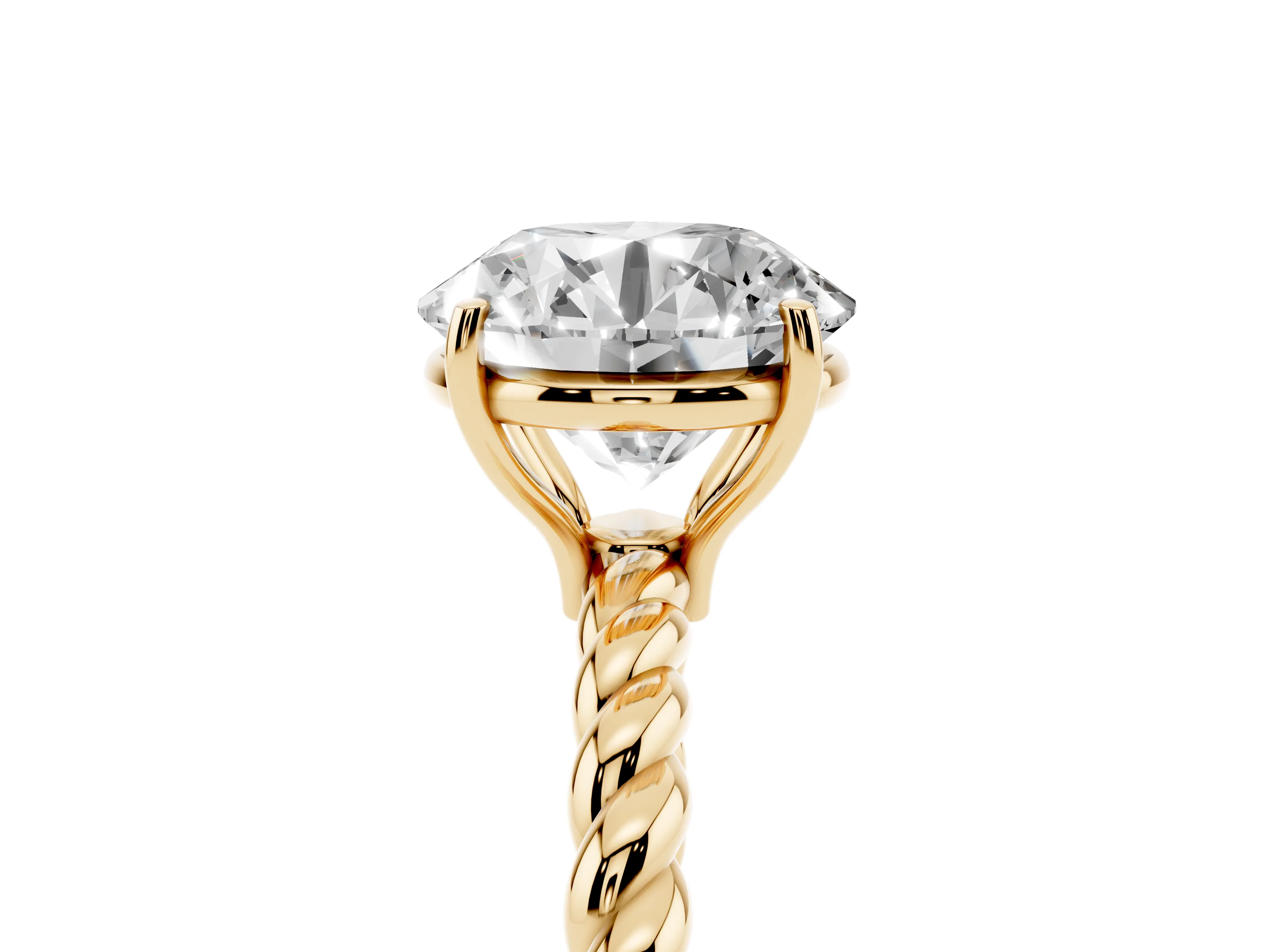 Round Cut Diamond Solitaire Ring Set in Yellow gold with Twist Band and Prong Setting