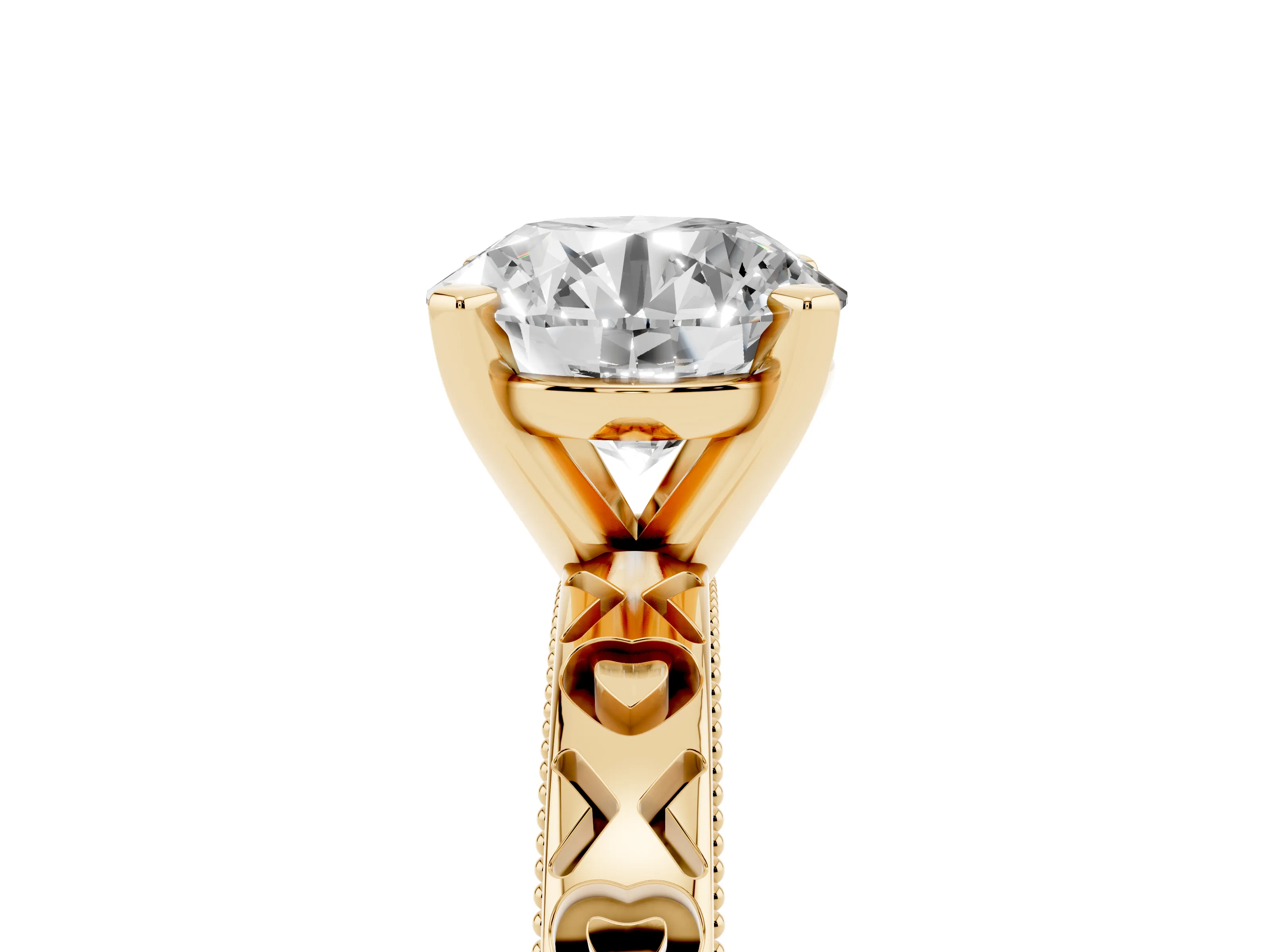 Round Cut Diamond Solitaire Engagement Ring Set in Yellow gold with XO Engraved Band and Prong Setting