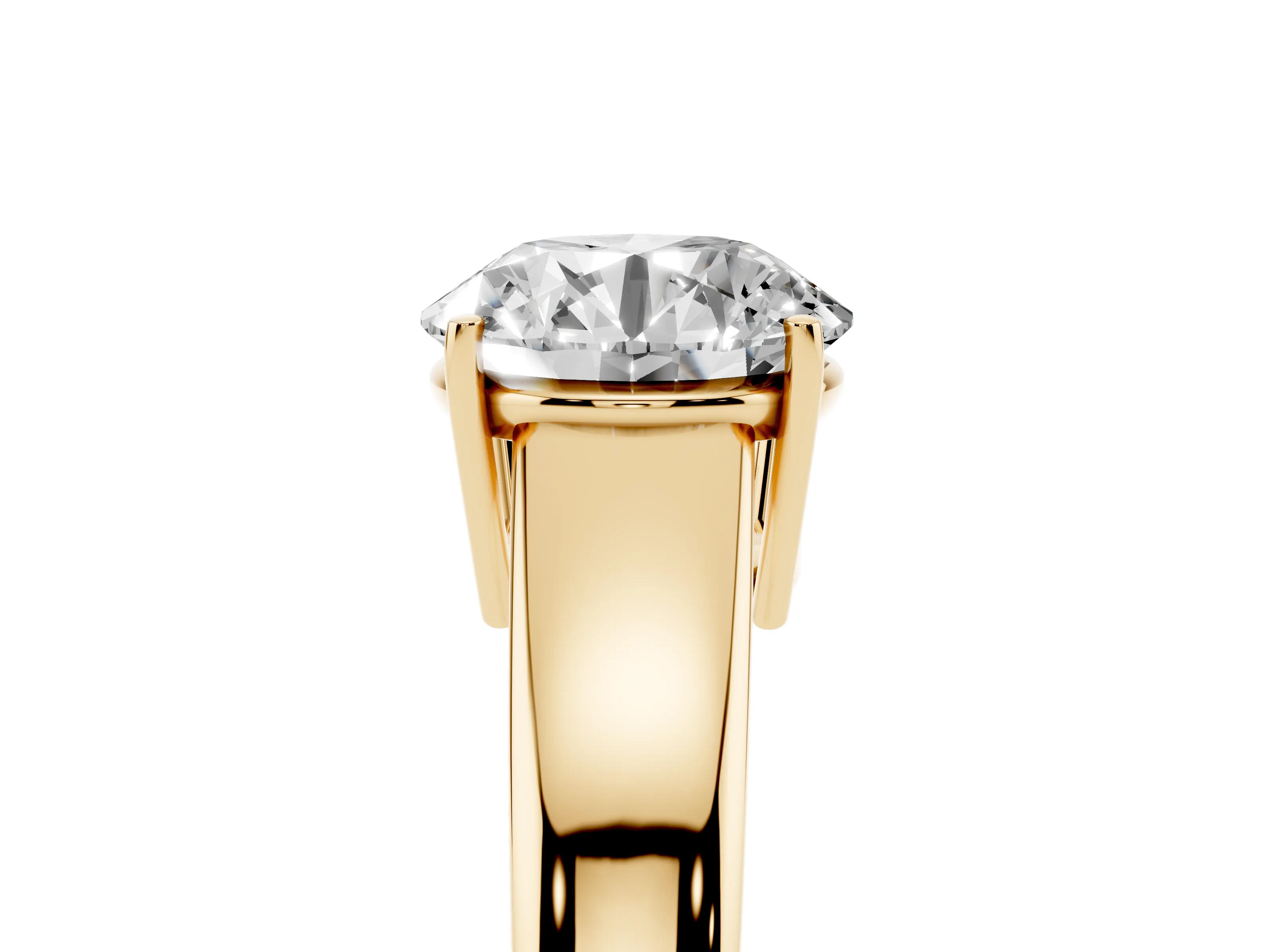Round Cut Diamond Solitaire Ring Set in Yellow gold with Tapered Band and Prong Setting