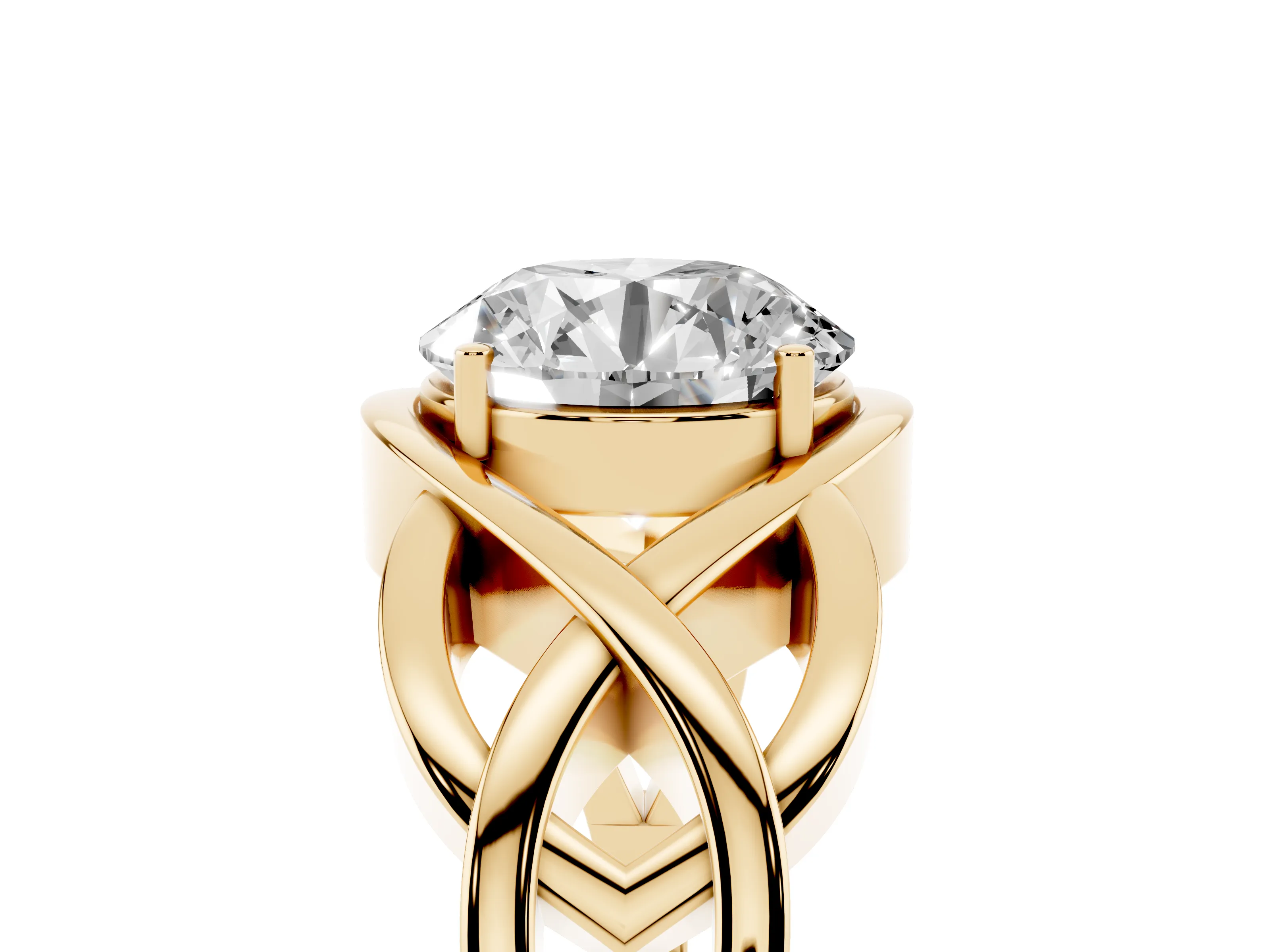 Round Cut Diamond Solitaire Ring Set in Yellow gold with Intertwined Band