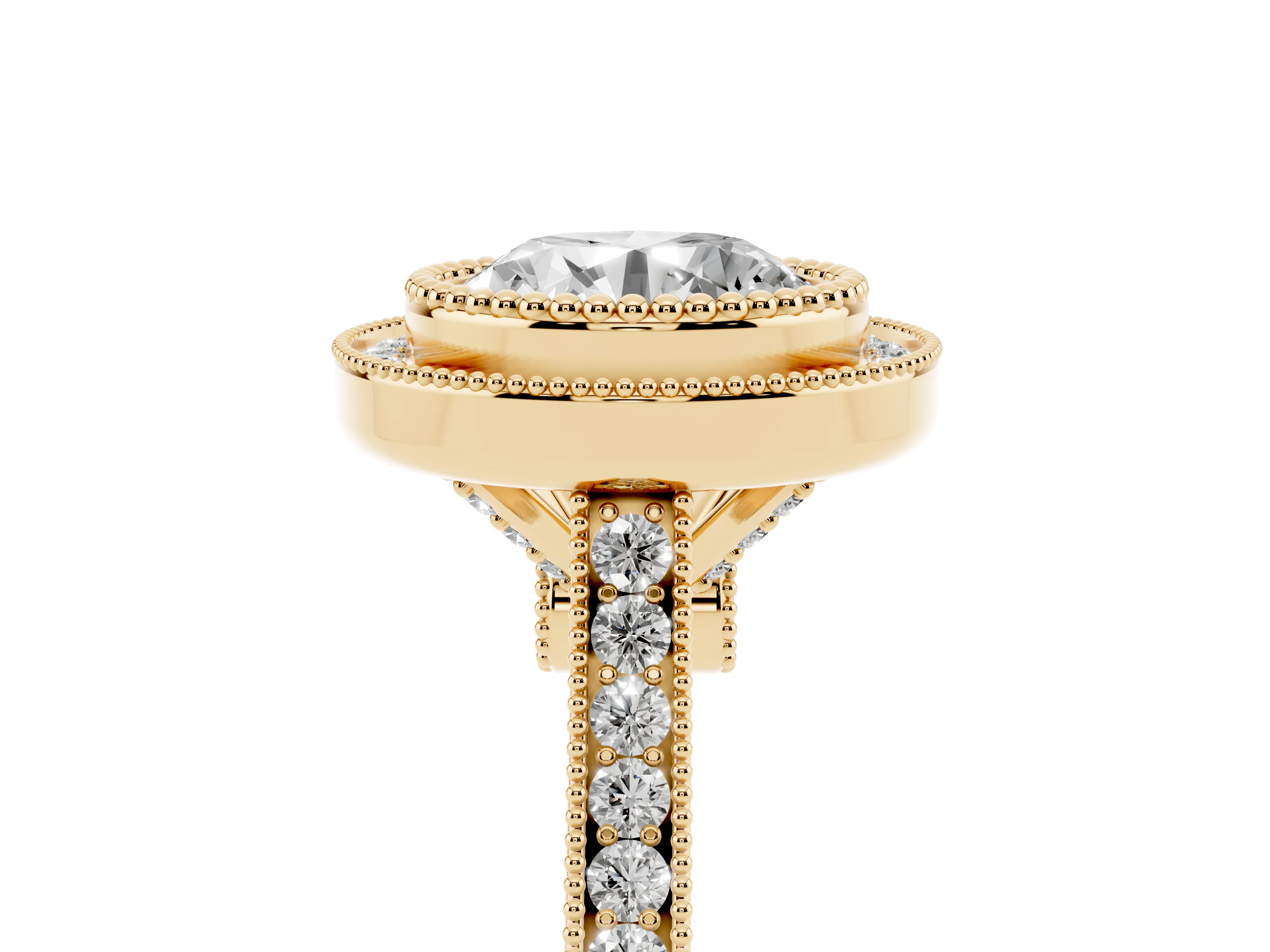 Round Cut Diamond Halo Ring Set in Yellow gold with Milgrain Frame and Pavé Band
