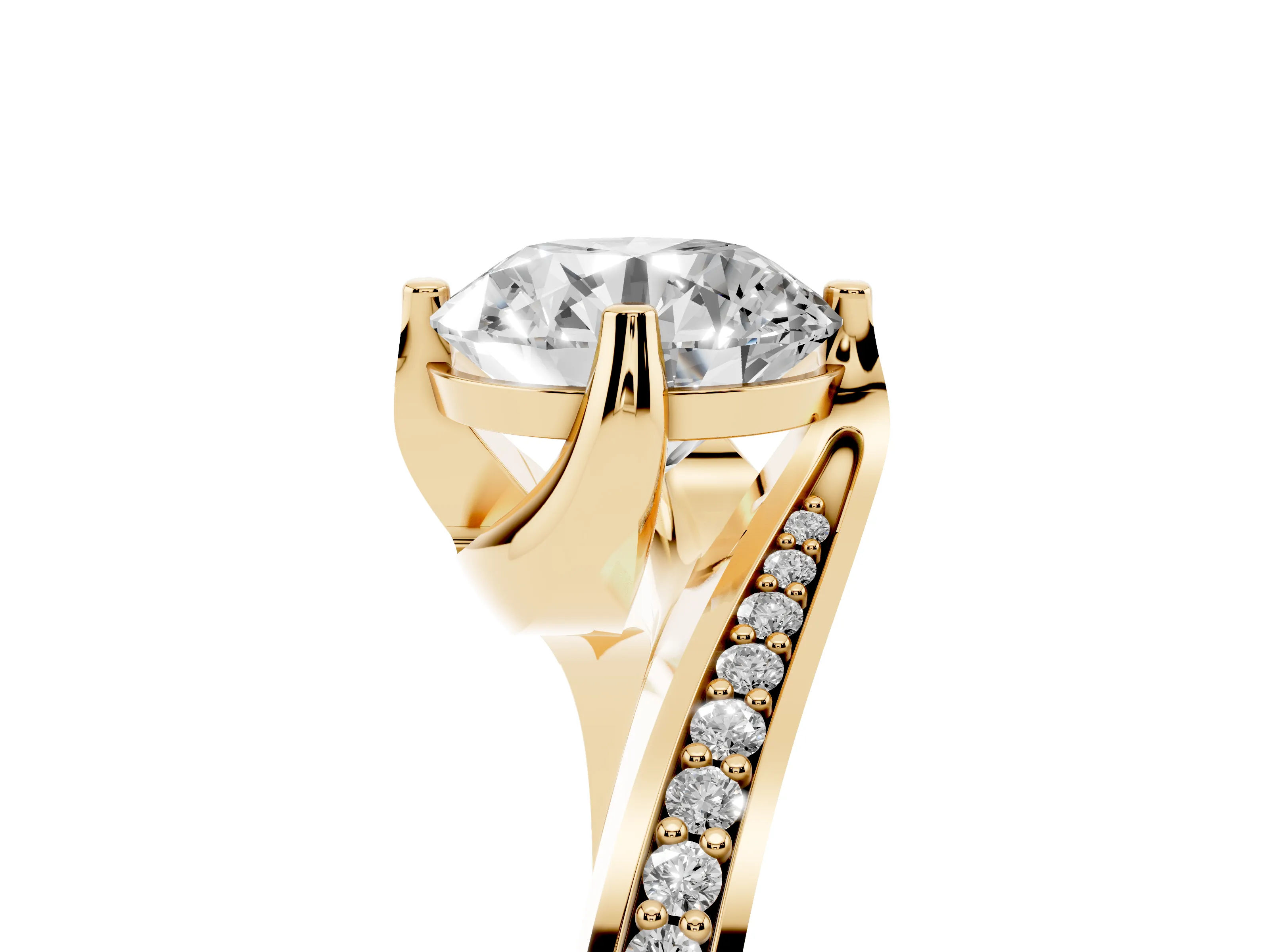 Round Cut Diamond Solitaire Ring Set in Yellow gold with Intertwined Pavé Twist Band