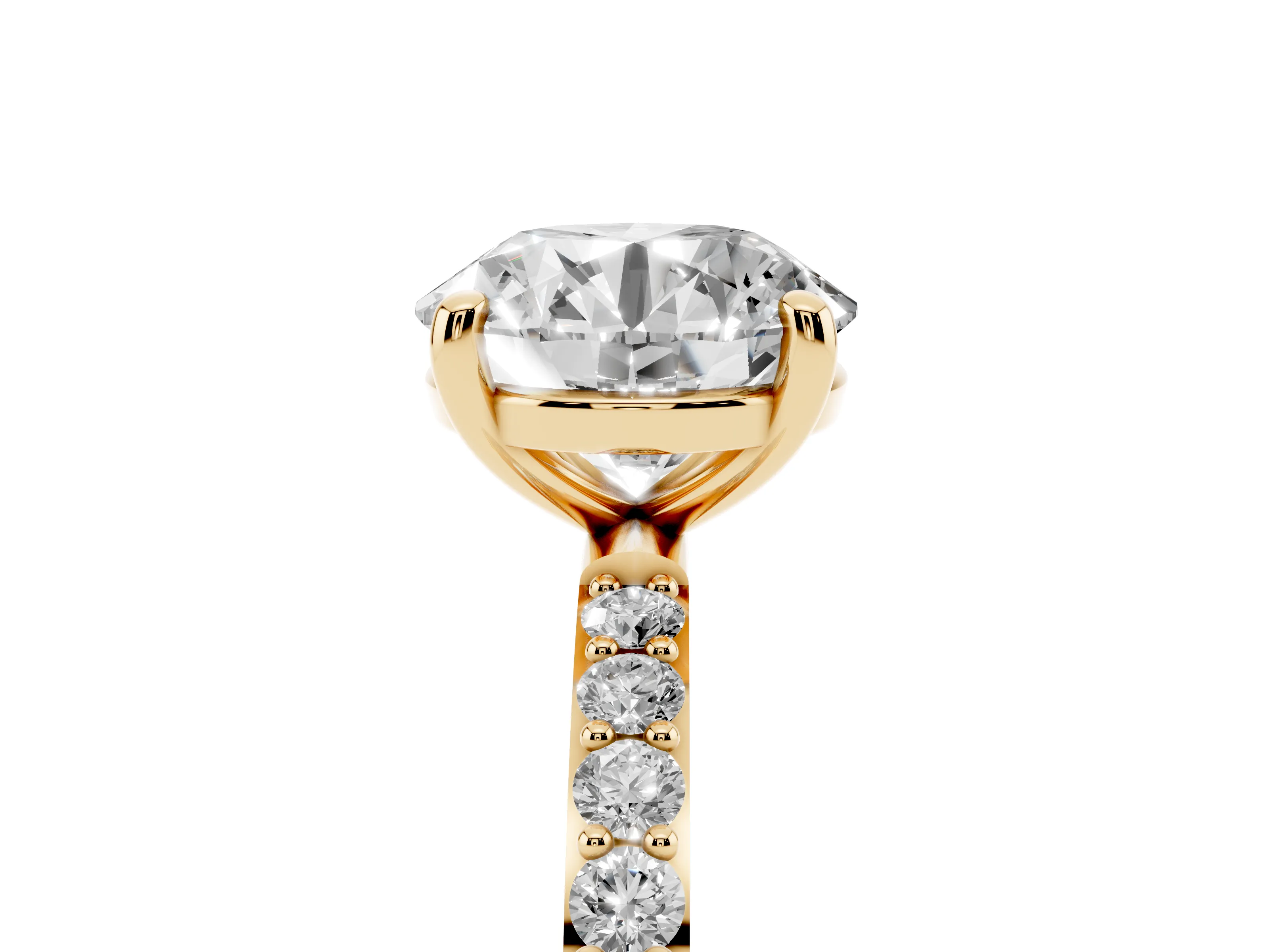 Round Cut Diamond Solitaire Ring Set in Yellow gold with Round Pavé Band and Prong Setting