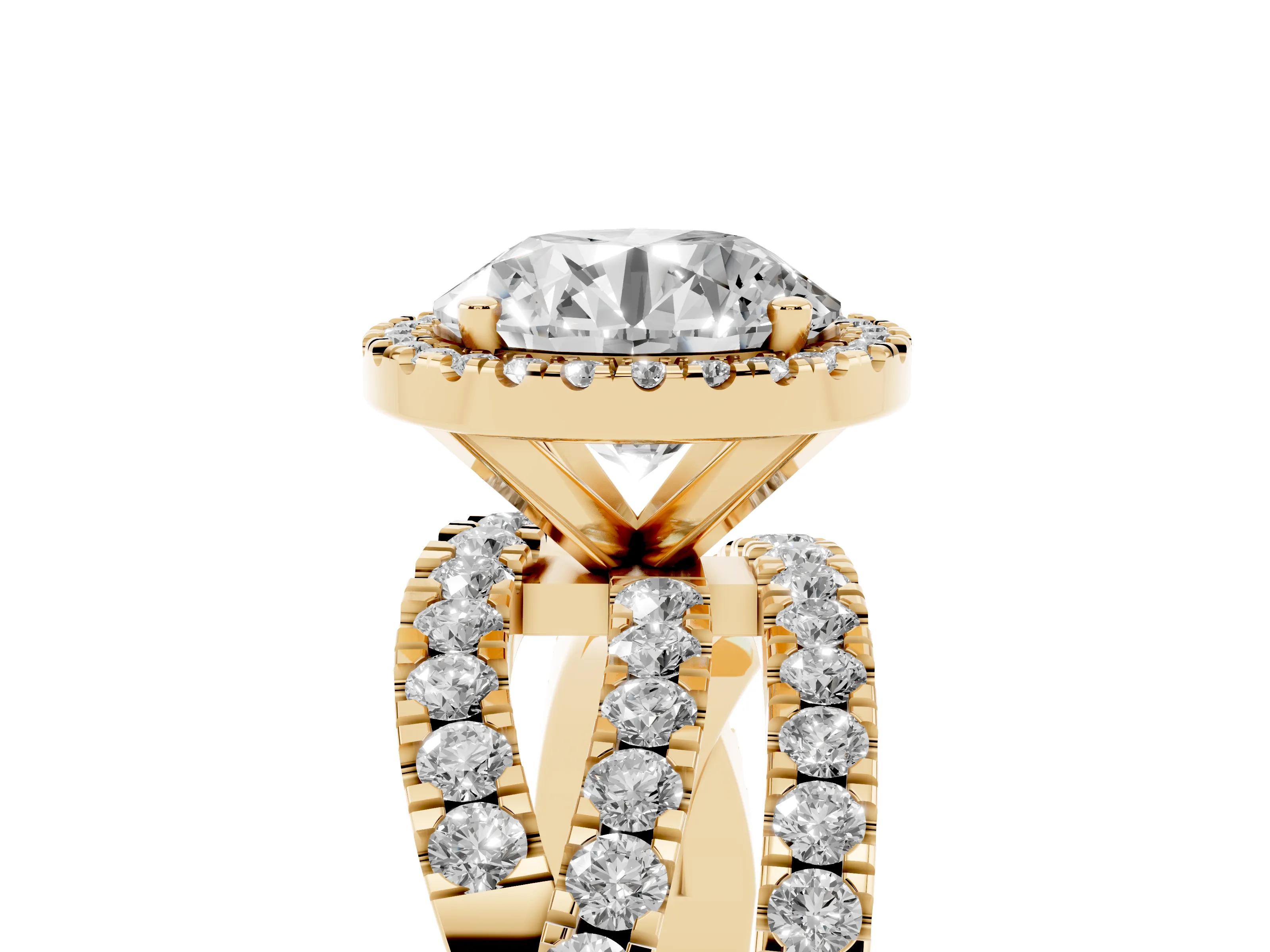 Round Cut Diamond Halo Ring Set in Yellow gold with Round Crossover Split Shank and Prong Setting