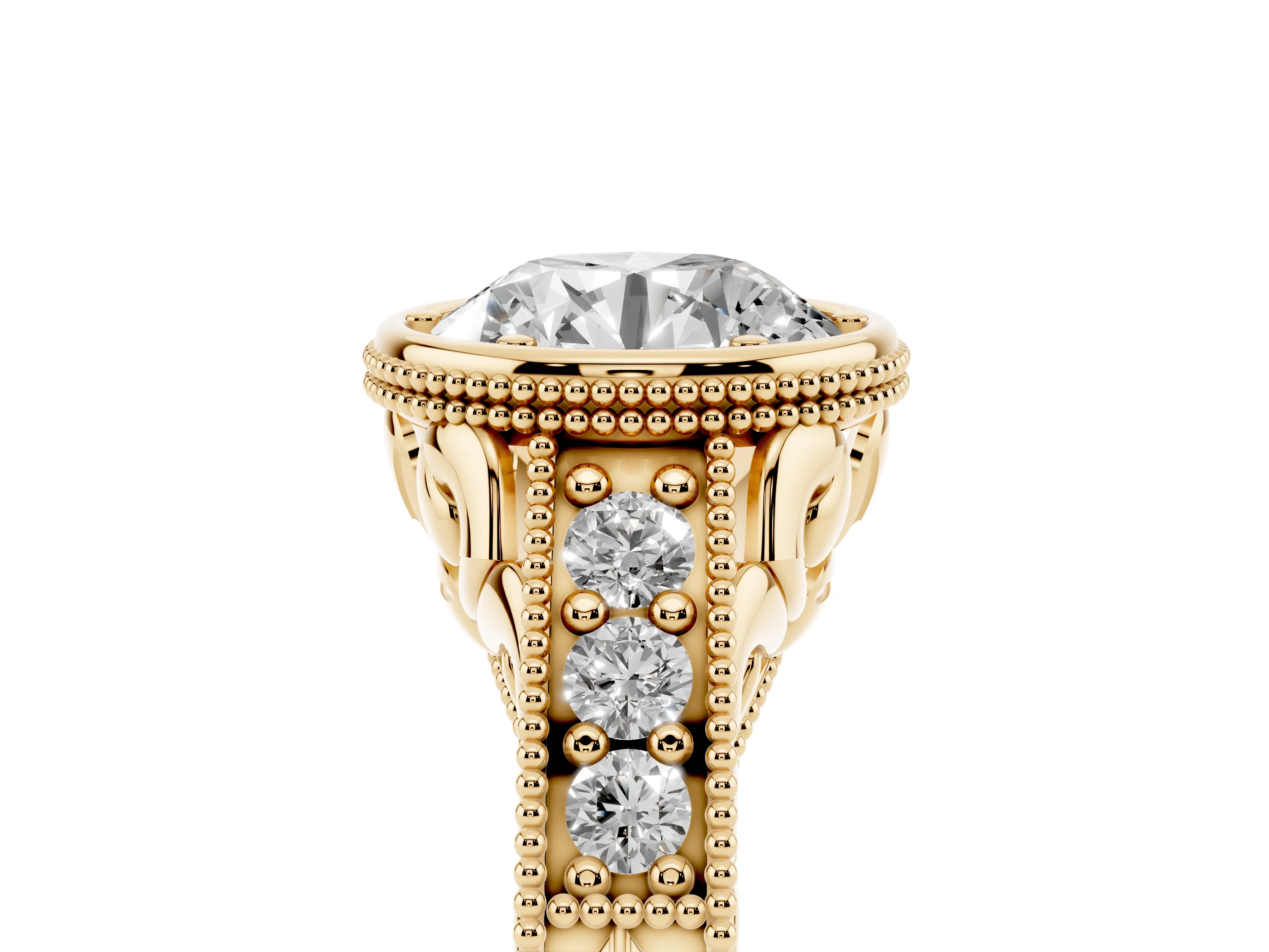 Bezel Set Round Cut Diamond Milgrain Pavé Engagement Ring Set in Yellow gold