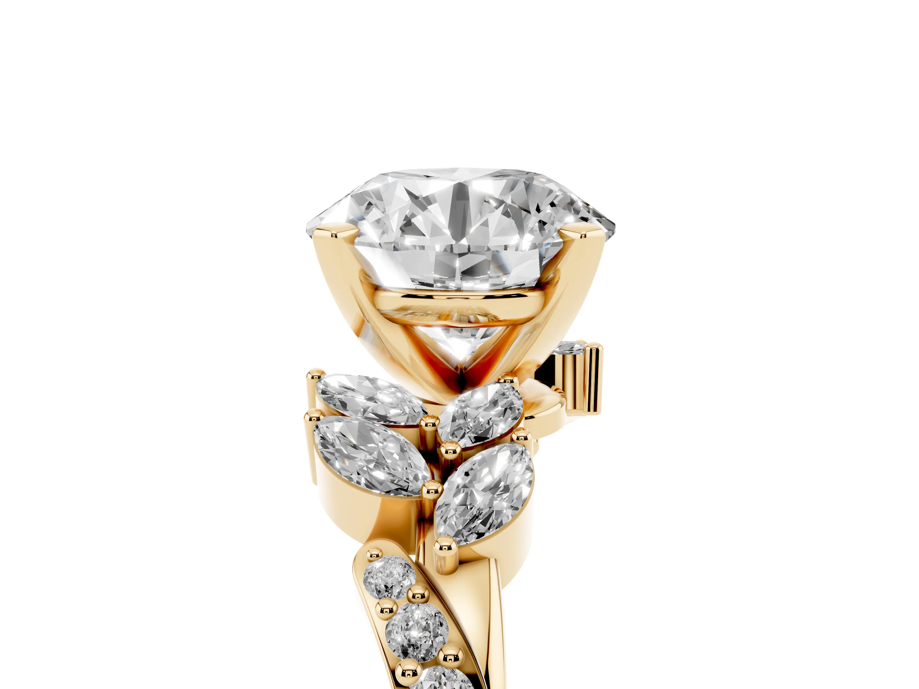 Round Cut Diamond Solitaire Ring Set in Yellow gold with Marquise Twist Band and Prong Setting
